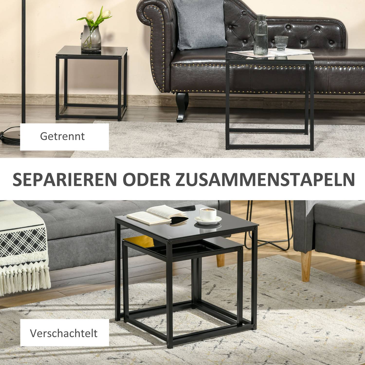 Svart häckande soffbordsset – Glasskiva, stålram