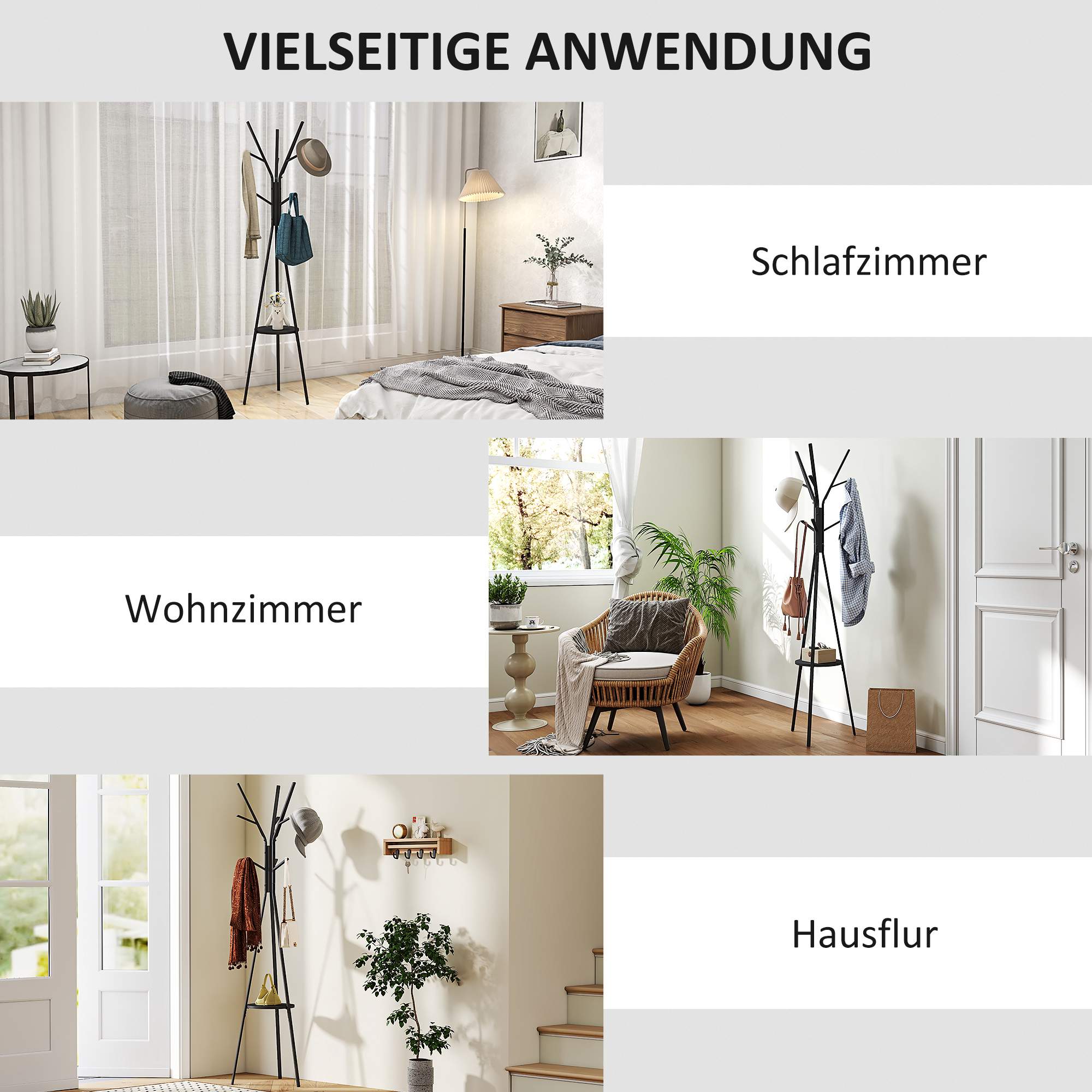 Svart klädhängare med hyllplan och 8 krokar, modern design