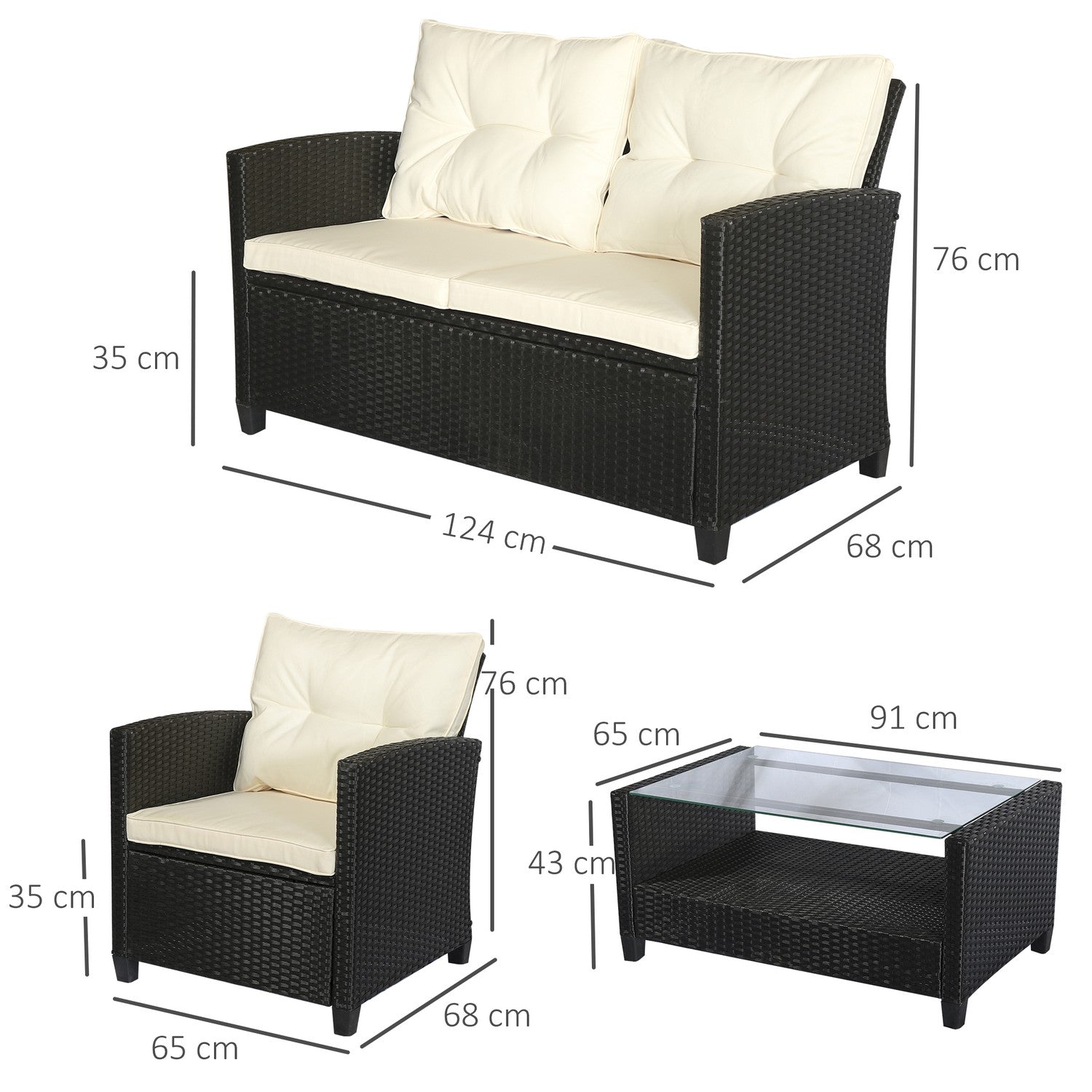 Svart polyrotting trädgårdsmöbler set för 4 – metallram