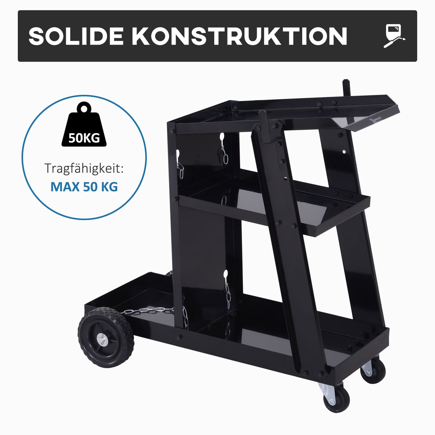 Svetsvagn med 3 hyllor och säkerhetskedja, svart