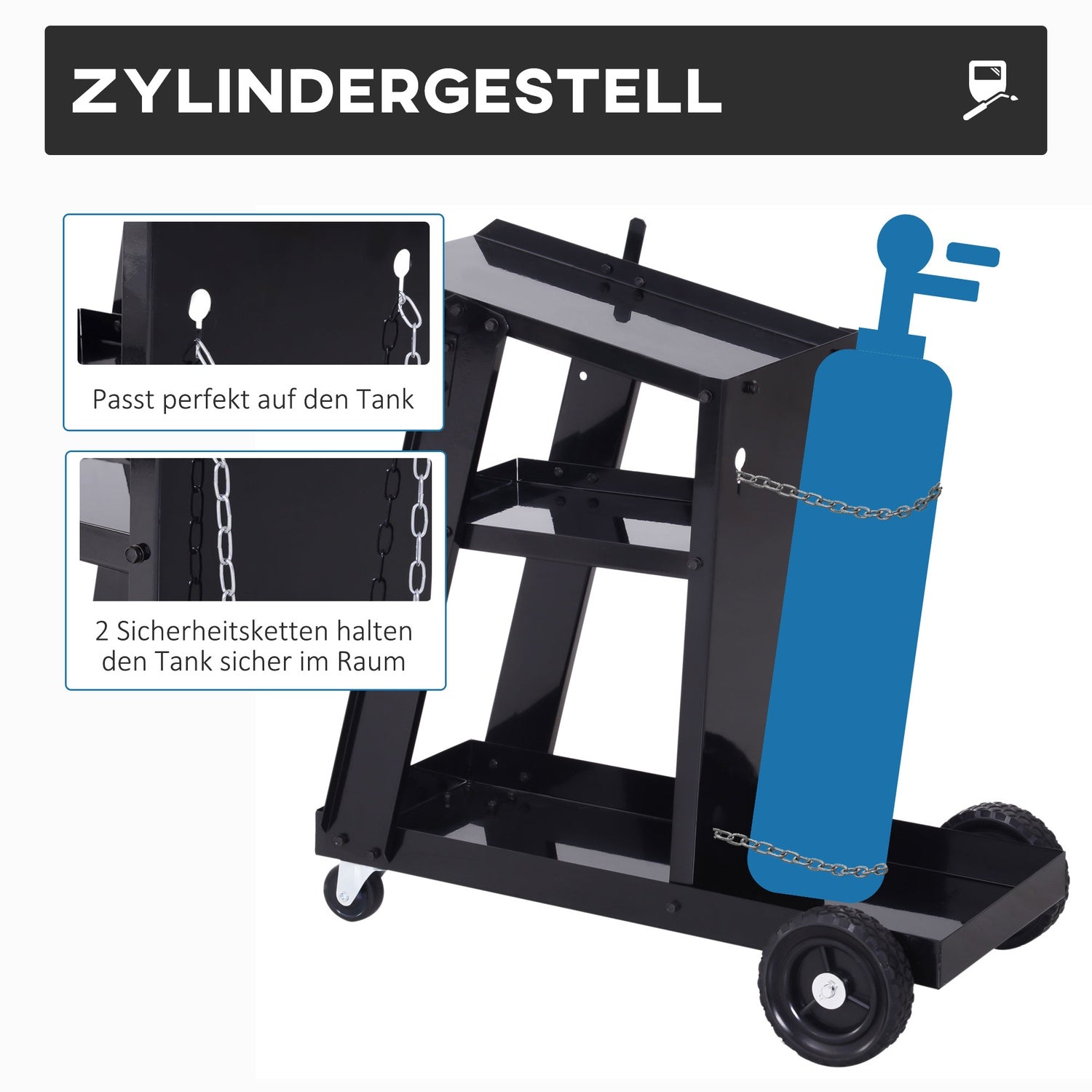 Svetsvagn med 3 hyllor och säkerhetskedja, svart