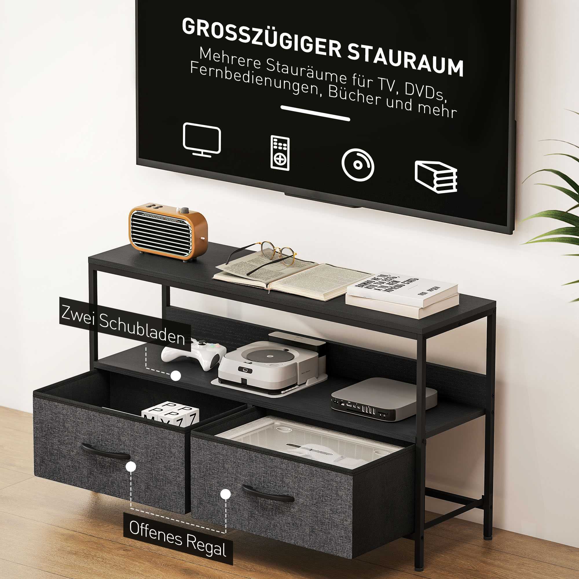 TV-bänk med 2 lådor, öppen hylla, passar upp till 47" TV