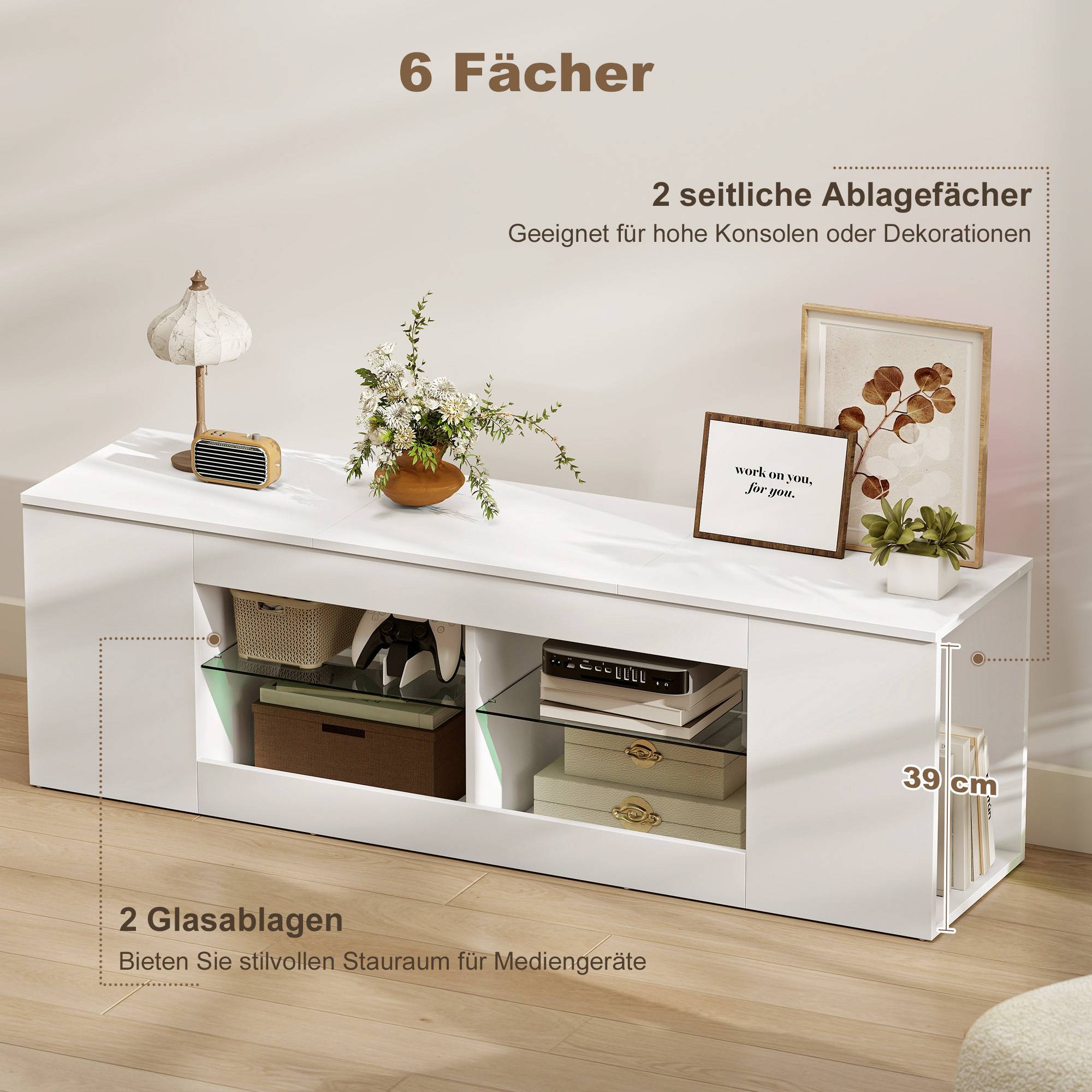 TV-bänk med 6 hyllor, 2 glashyllor, 140 cm, vit
