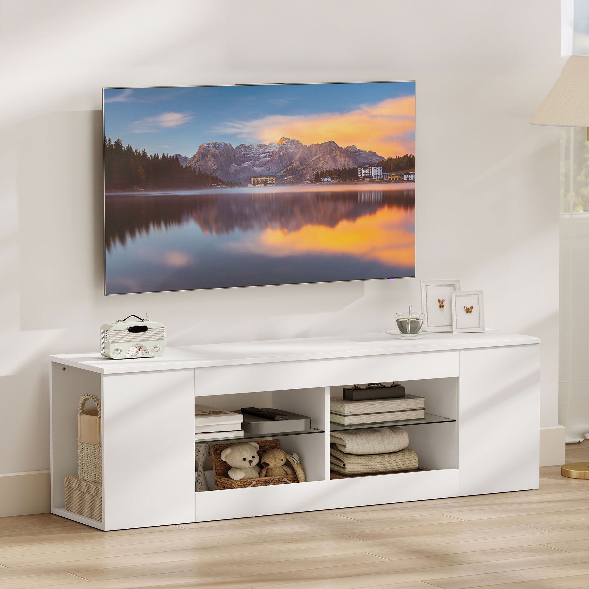 TV-bänk med 6 hyllor, 2 glashyllor, 140 cm, vit