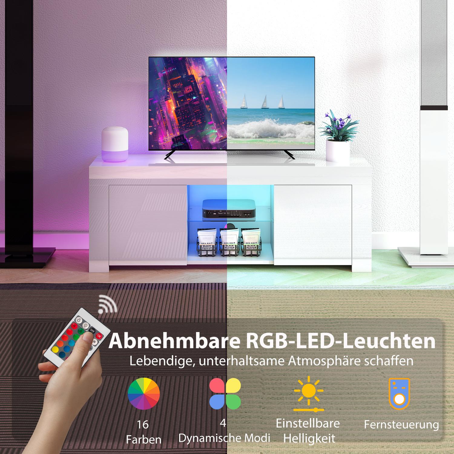 TV-bänk med RGB LED-lampor, blank vit finish