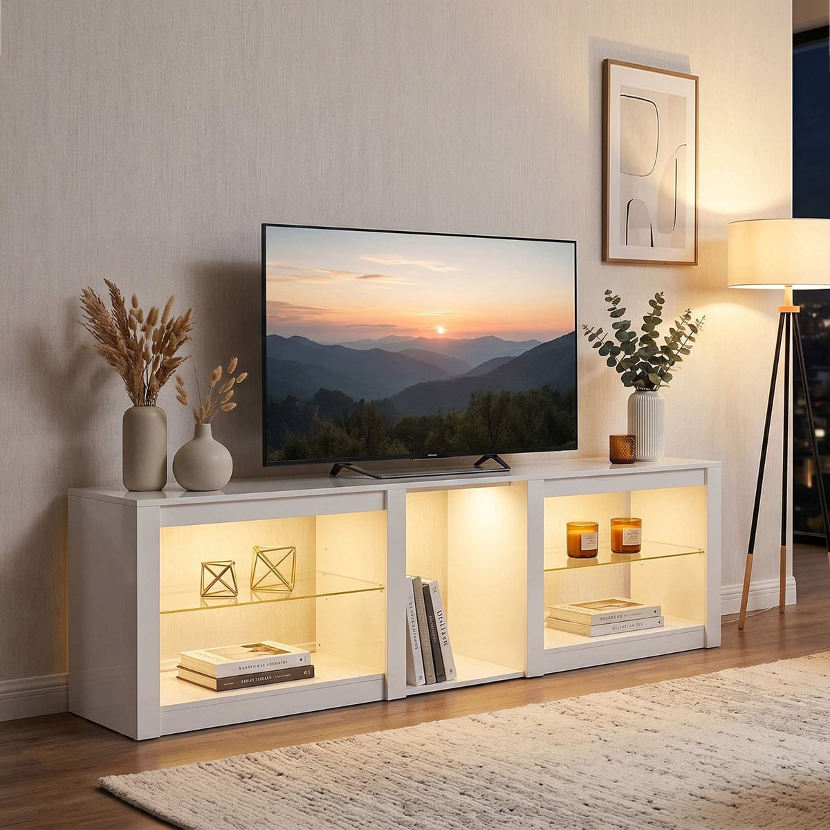 TV-bänk med RGB LED-lampor, högblank vit, 160 cm