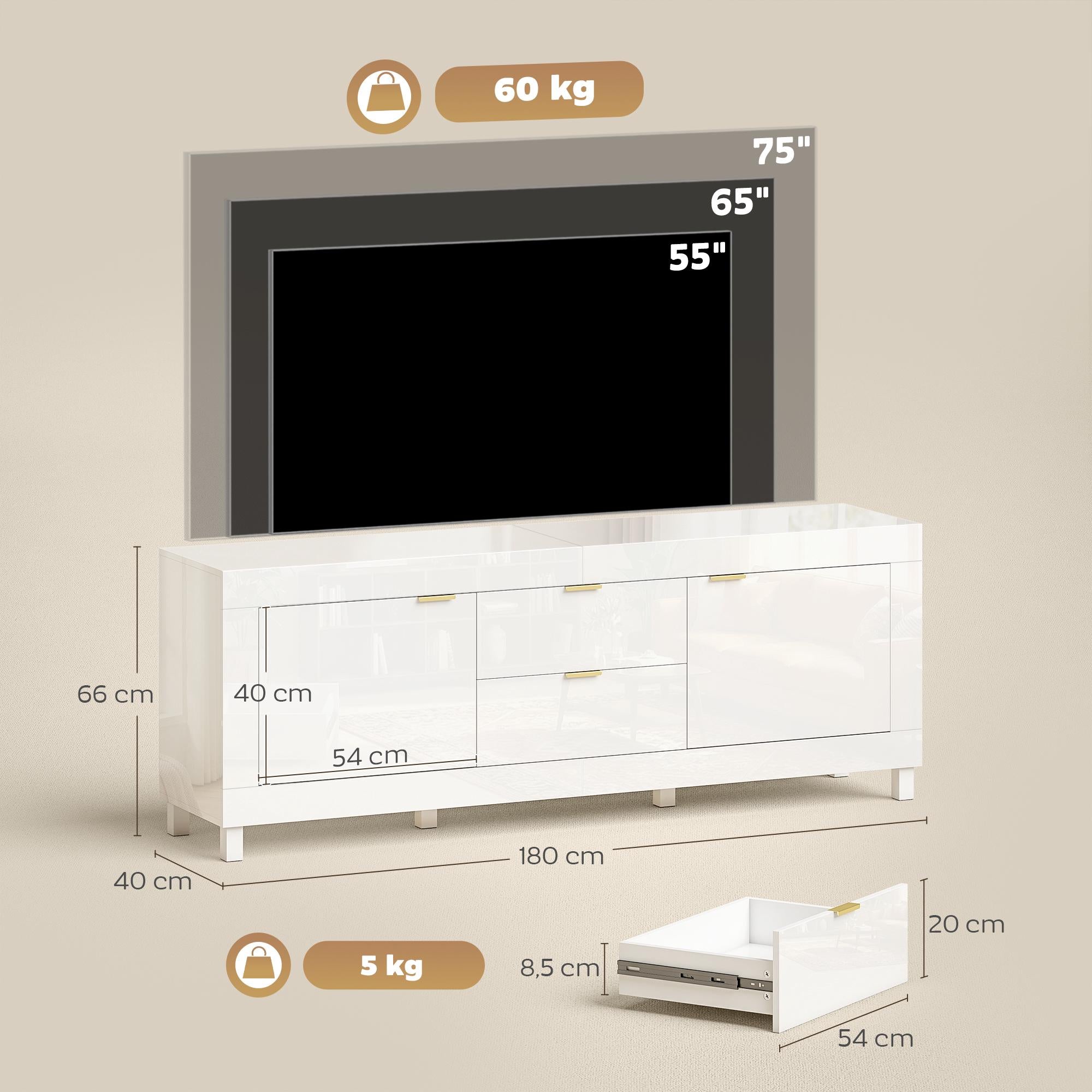 TV-stativ för 75" TV, högblank vit, 180 cm, 2 skåp