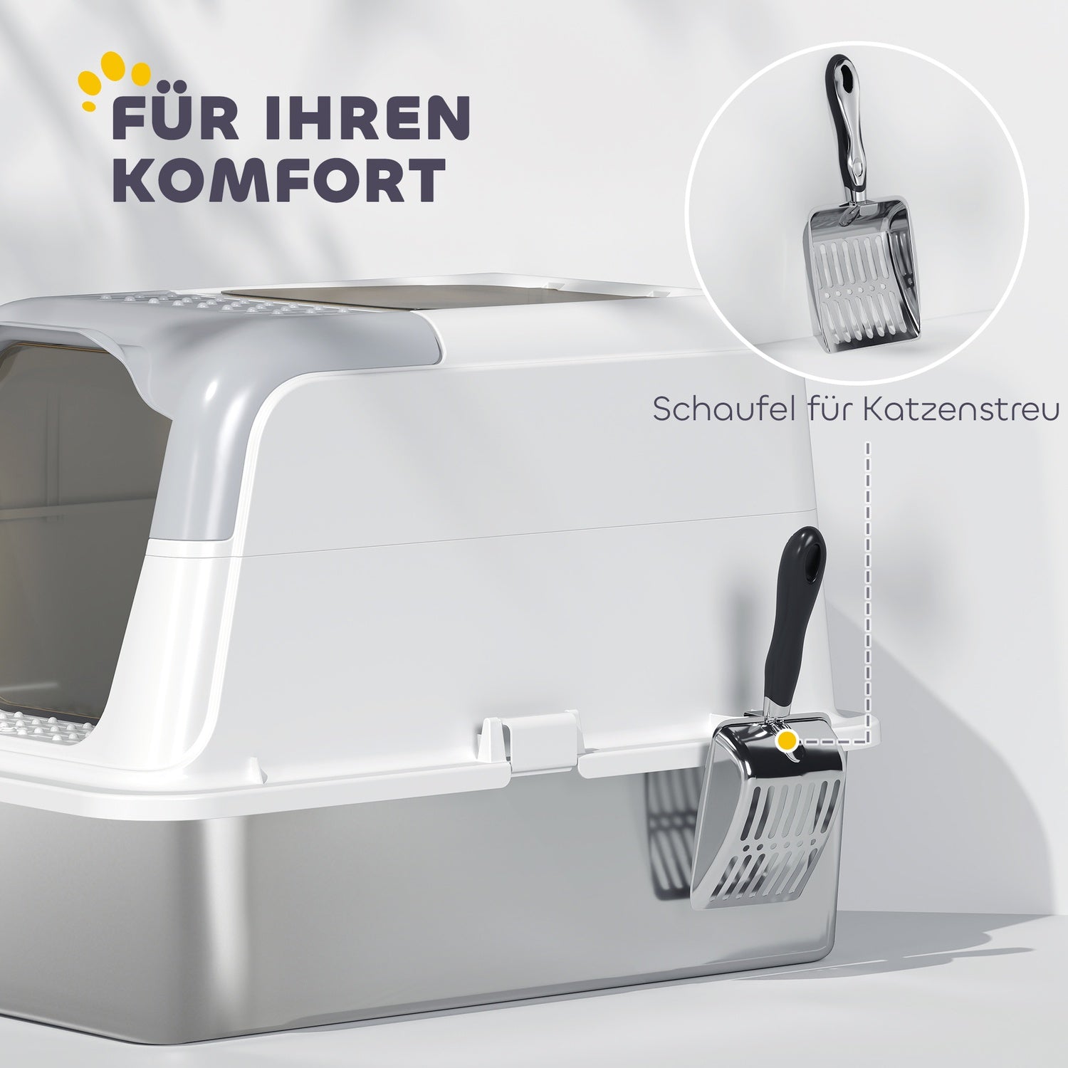 Täckt kattsandlåda med rostfri bricka och skopa