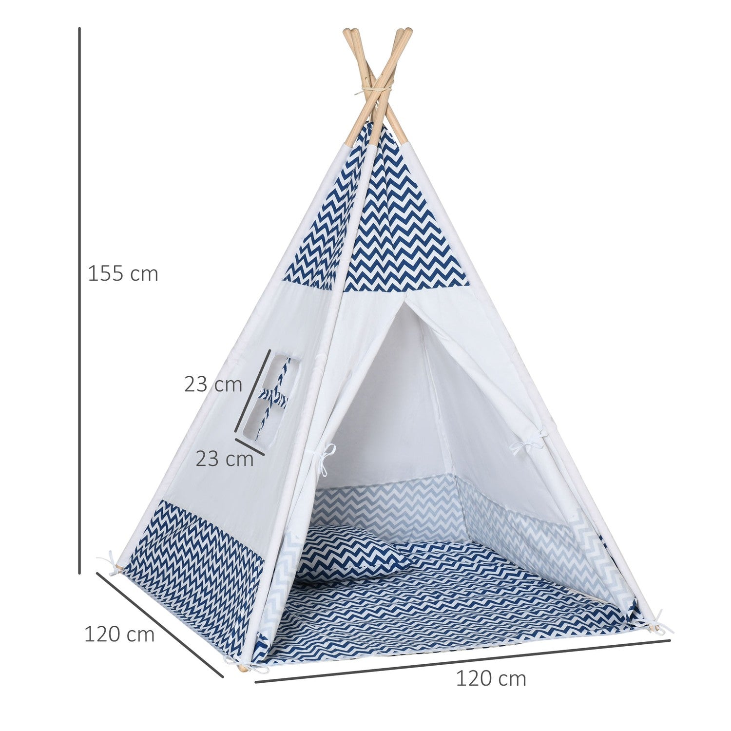 Teepee-tält för barn, vitt, med kudde & matta, inomhus/utomhus