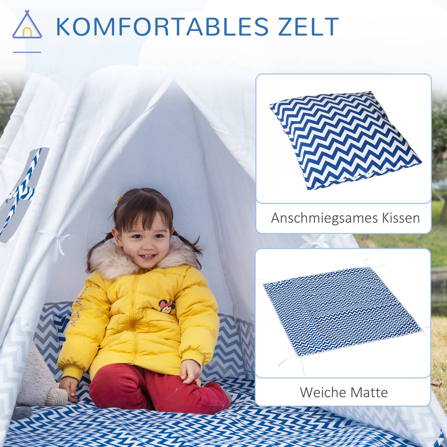 Teepee-tält för barn, vitt, med kudde & matta, inomhus/utomhus