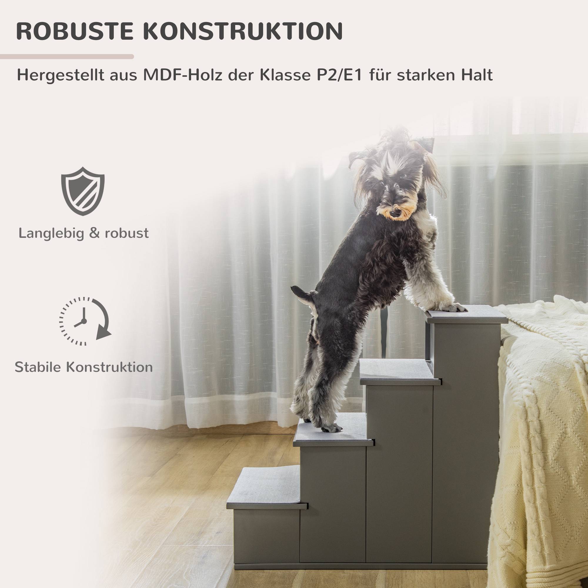 Trappa för husdjur, 4 steg, plyschmatta, 30 kg kapacitet, grå