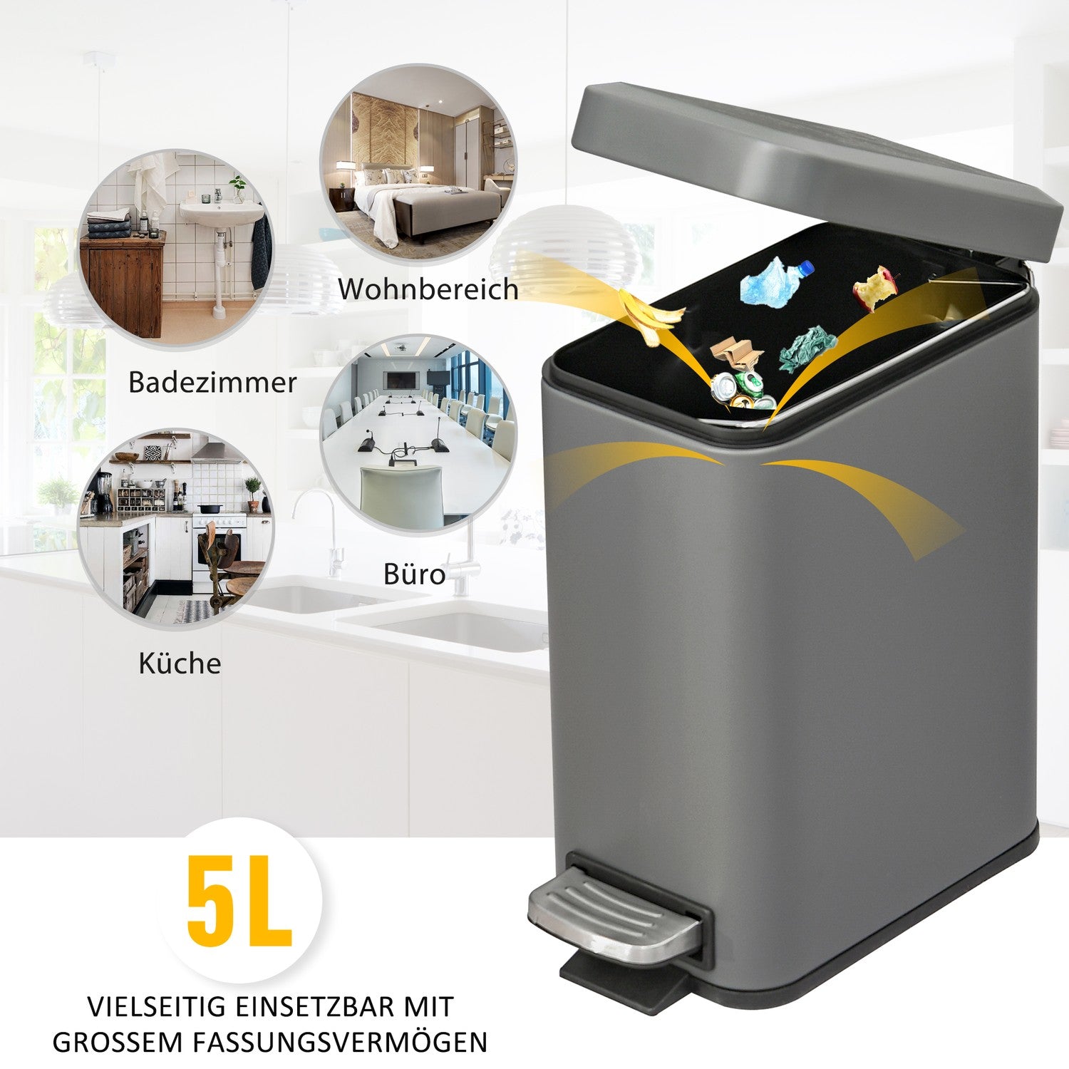 Trash Can Pedal Bin 5L Med lock och Inner Bin, Grå