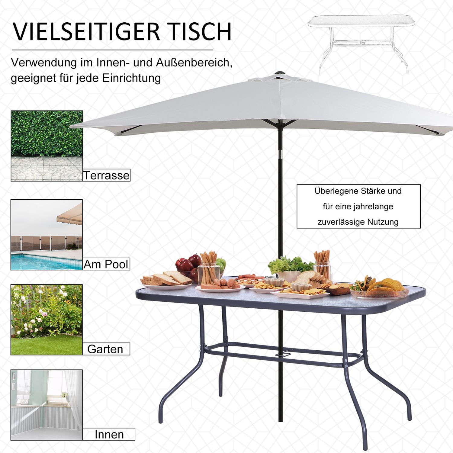 Trädgårdsbistrobord, Skiva i härdat glas, 140x80x70 Cm