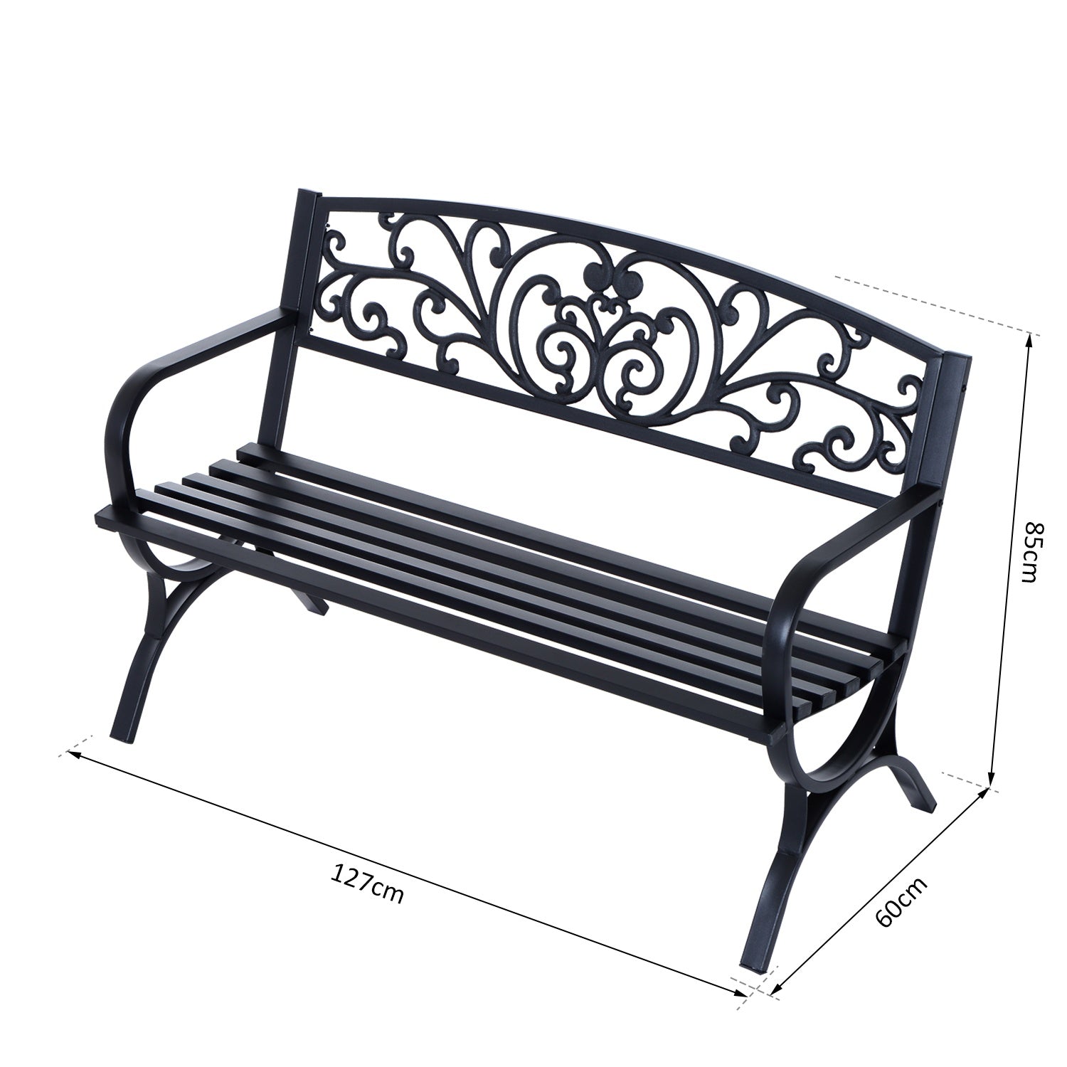 Trädgårdsbänk i metall, 2-sits, svart, 127x60x85 cm