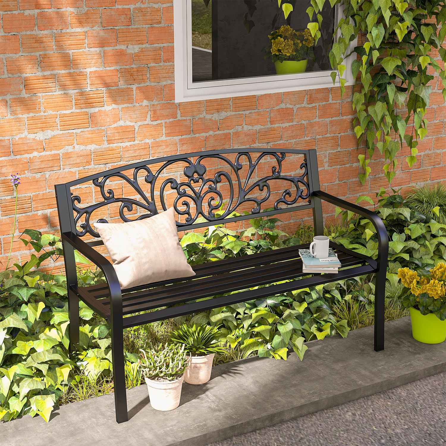 Trädgårdsbänk i metall, 2-sits, väderbeständig, svart