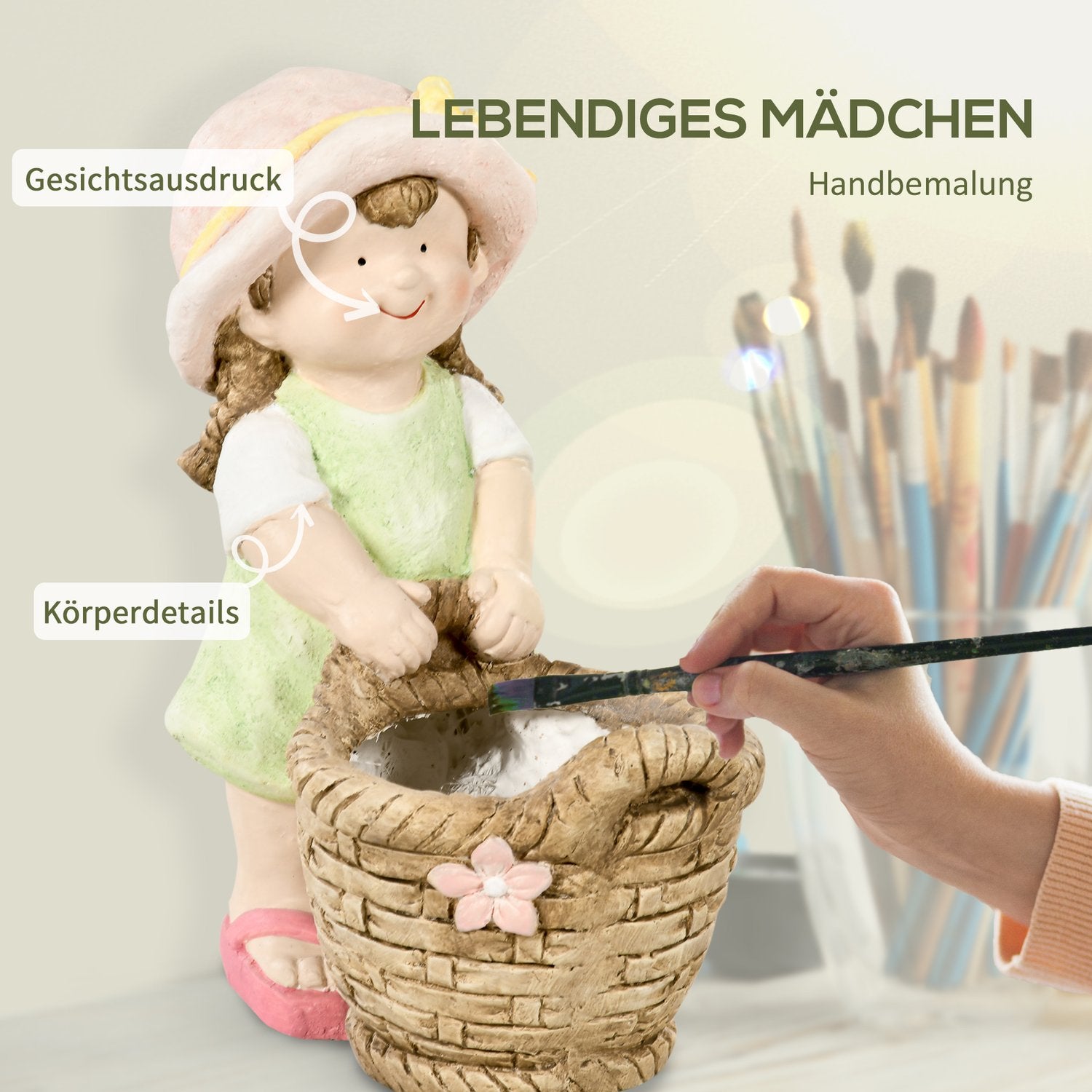 Trädgårdsfigur – flicka med blomkruka, väderbeständig skulptur