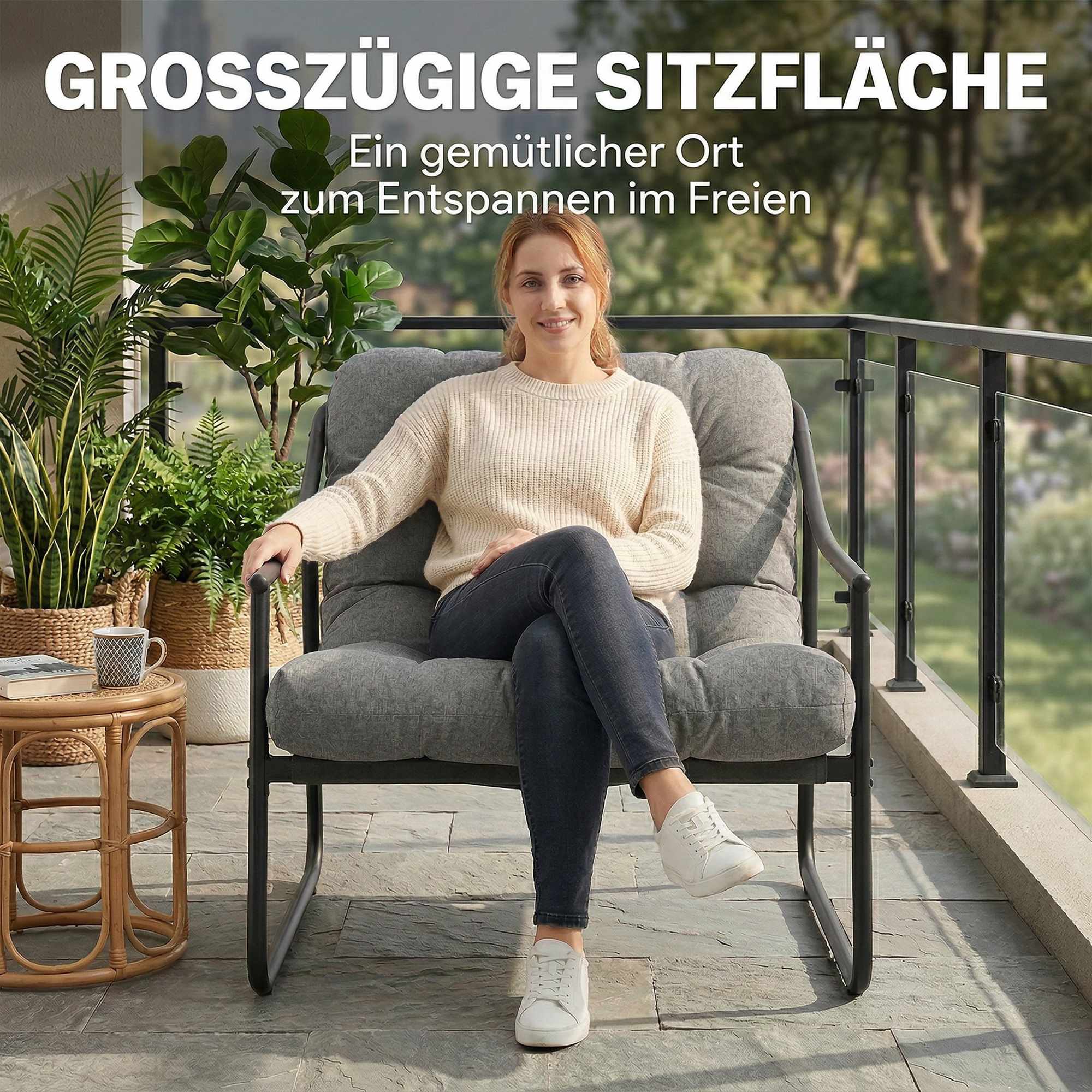 Trädgårdsloungestol med avtagbar dyna, mörkgrå