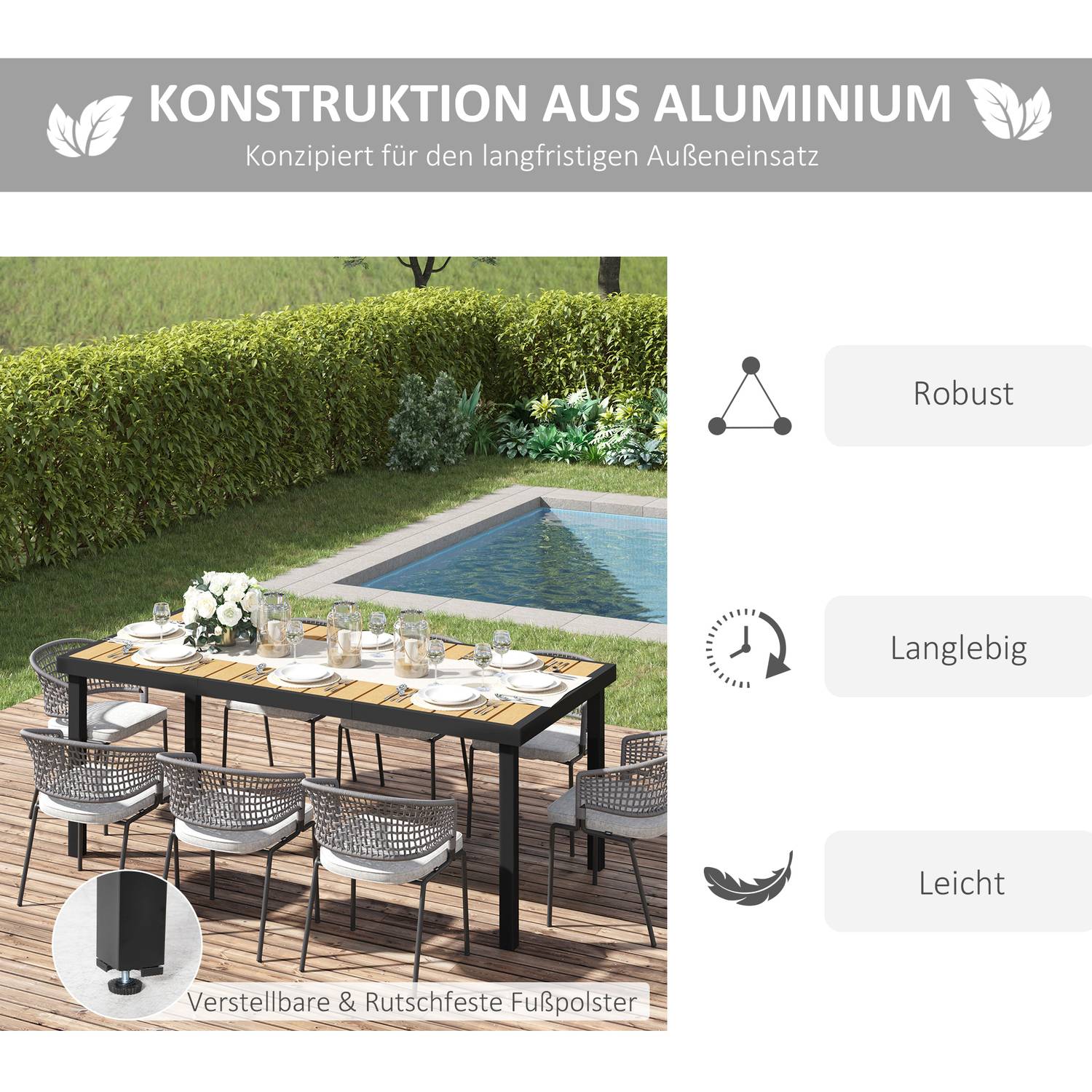 Trädgårdsmatbord i aluminium för 8, lättskött finish