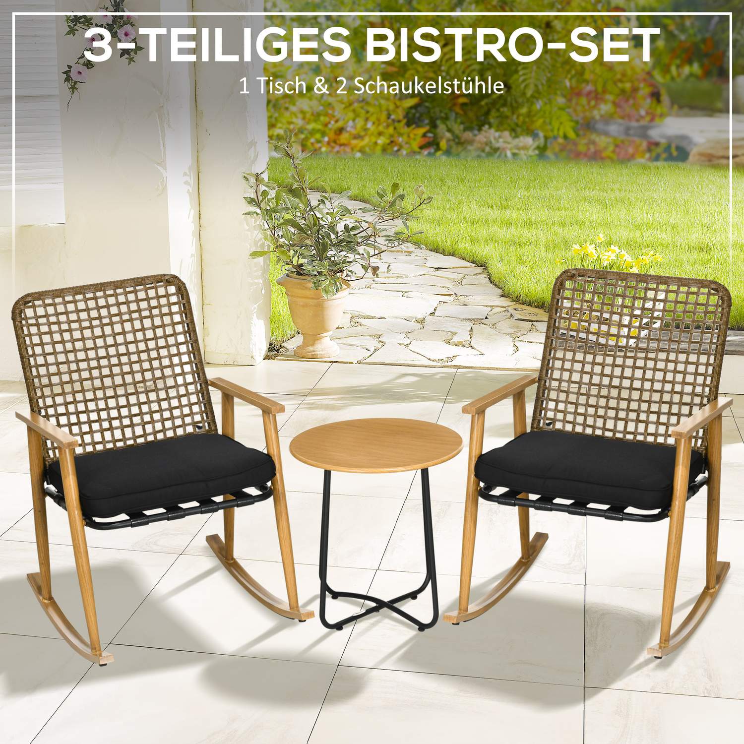 Trädgårdsmöbelset, 2 gungstolar & bord, polyrattan