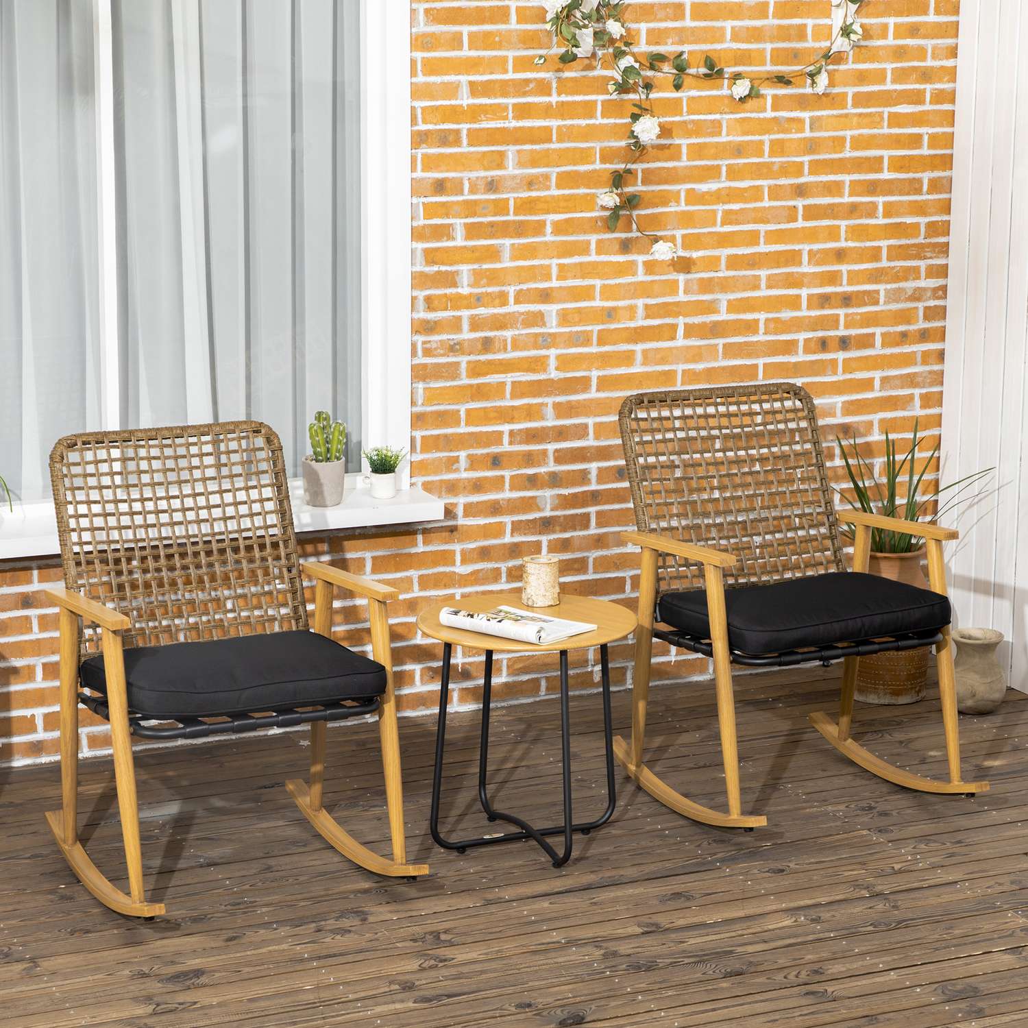 Trädgårdsmöbelset, 2 gungstolar & bord, polyrattan