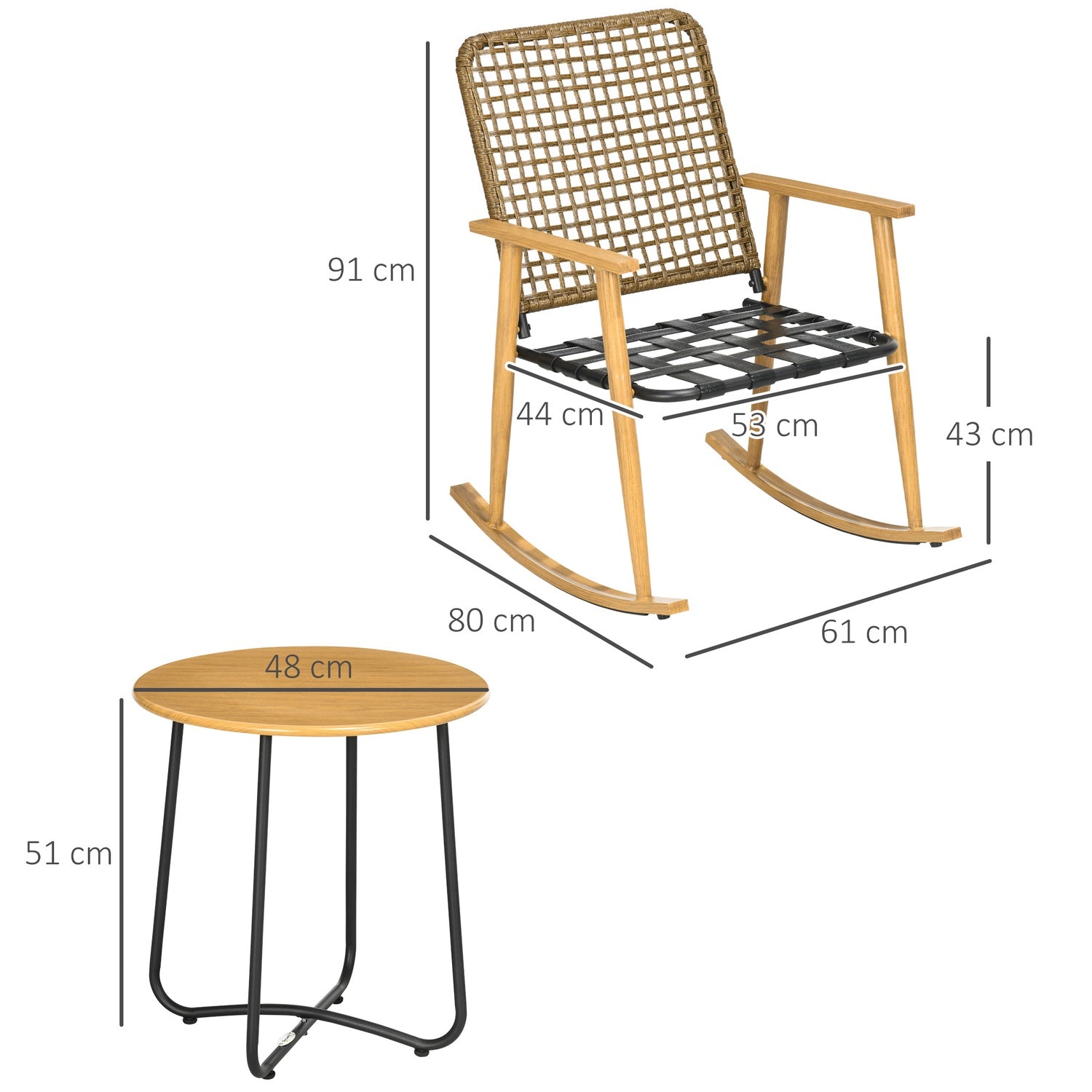 Trädgårdsmöbelset, 2 gungstolar & bord, polyrattan