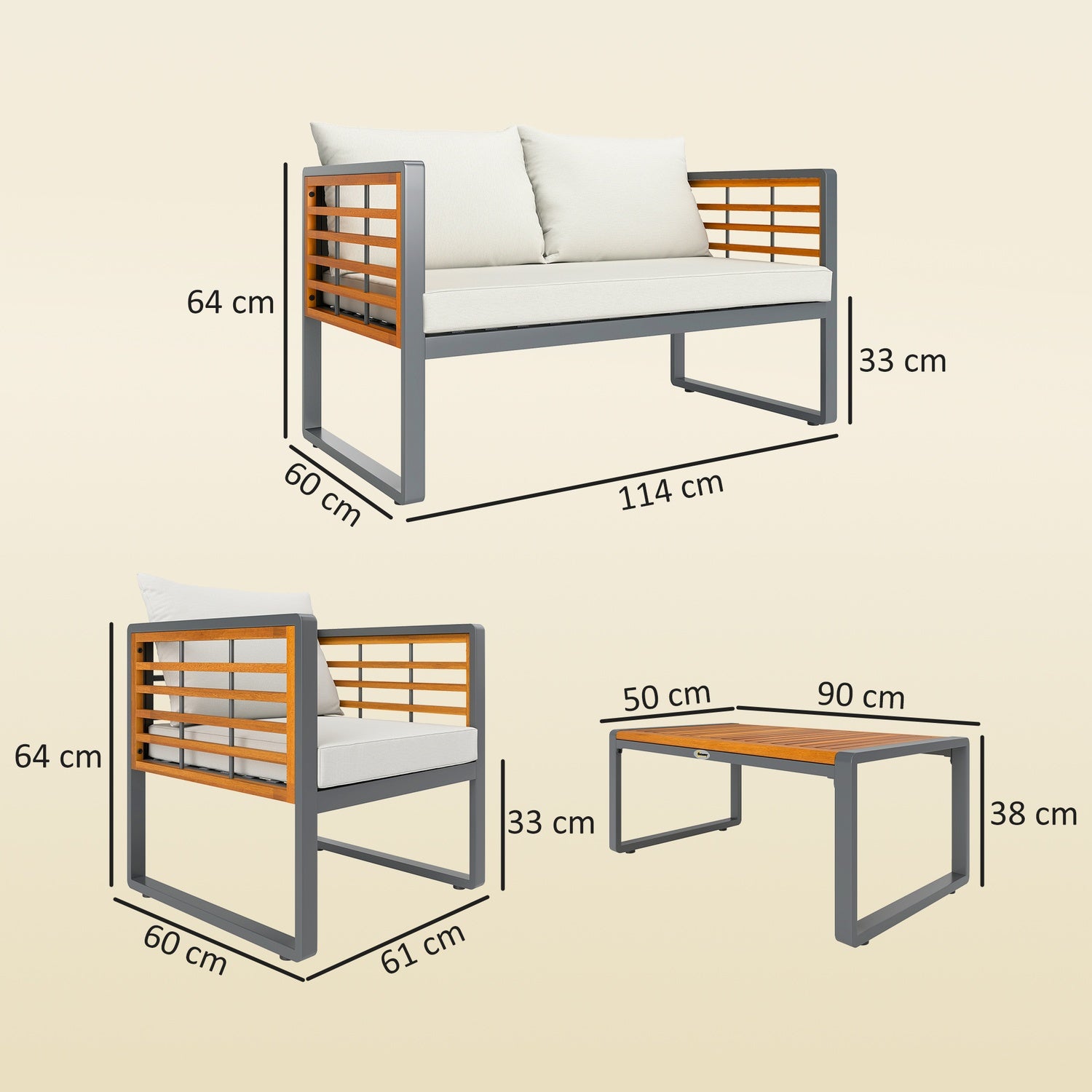 Trädgårdsmöbler i akaciaträ, 4-personers sittplatser, beige