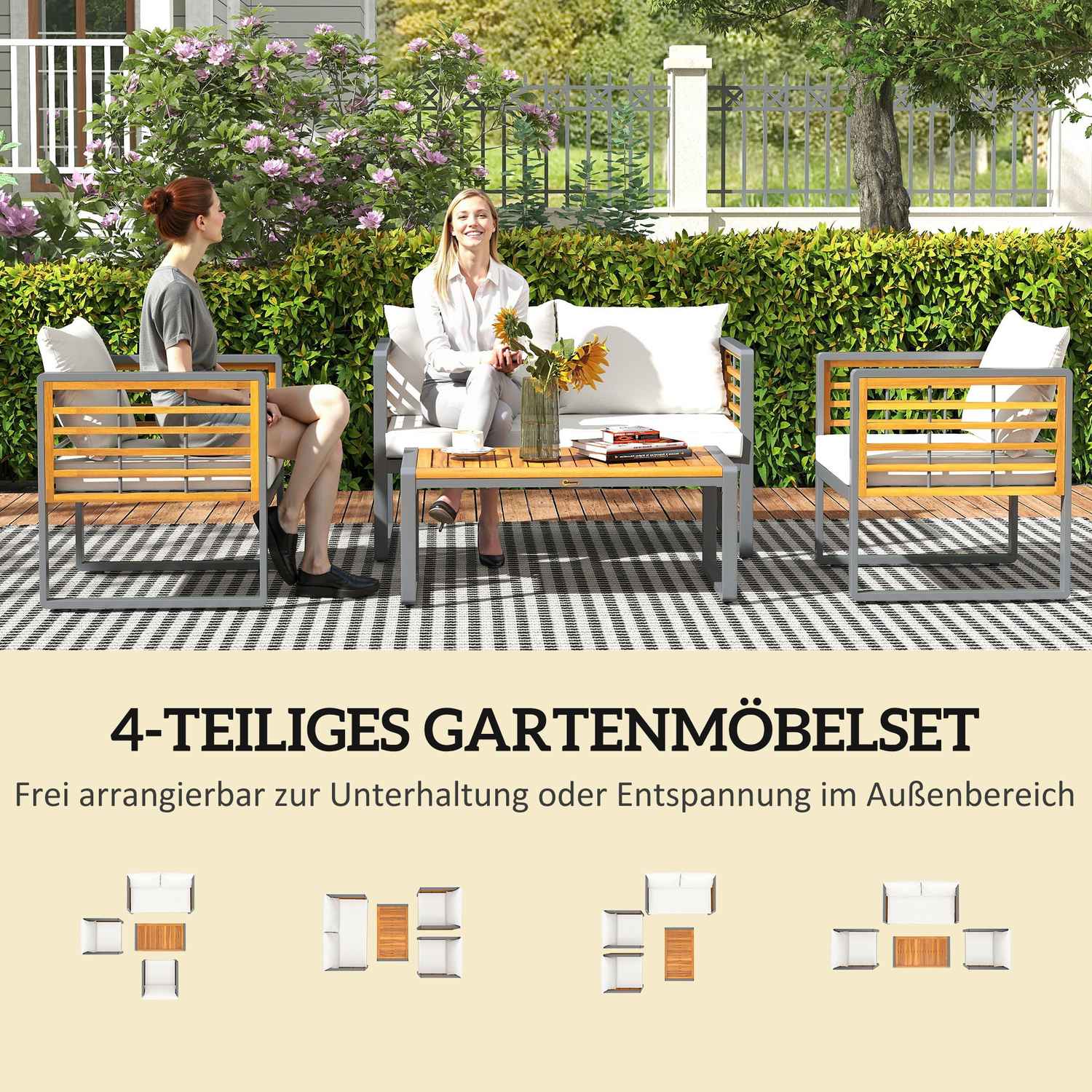 Trädgårdsmöbler i akaciaträ, 4-personers sittplatser, beige