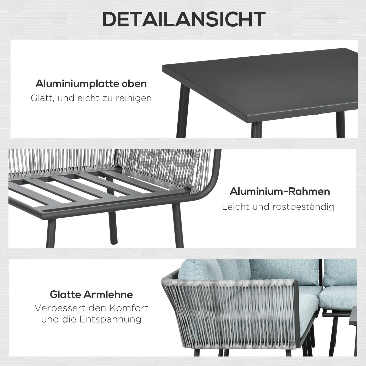 Trädgårdsmöbler i rotting, med kuddar, grå – 4 delar