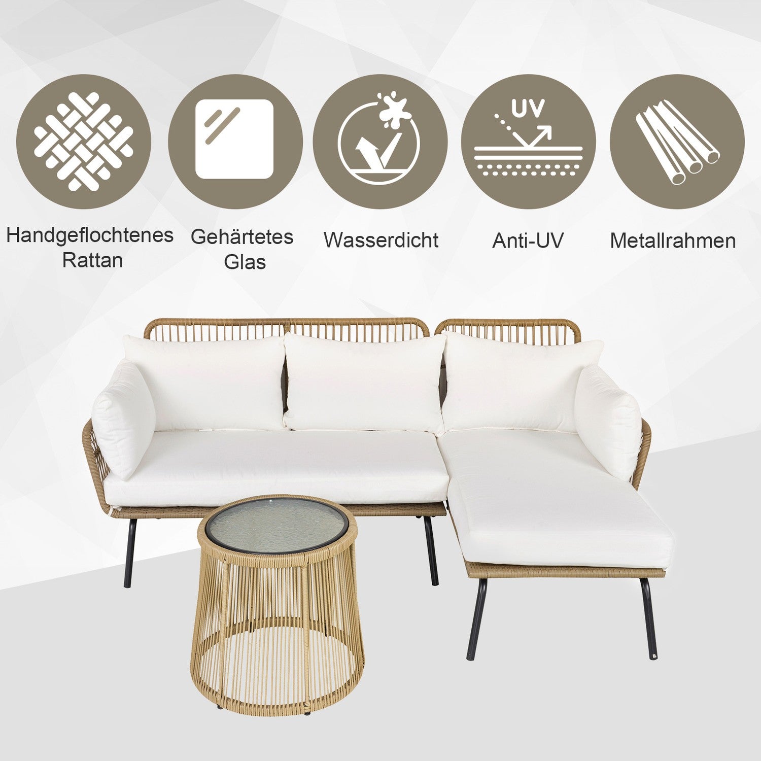 Trädgårdsmöbler i rotting, soffa med schäslong och bord