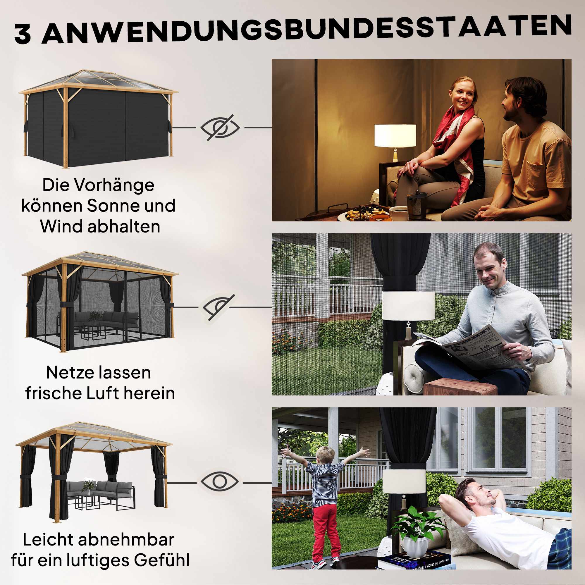 Trädgårdspaviljong 4x3m, polykarbonattak, aluminiumram