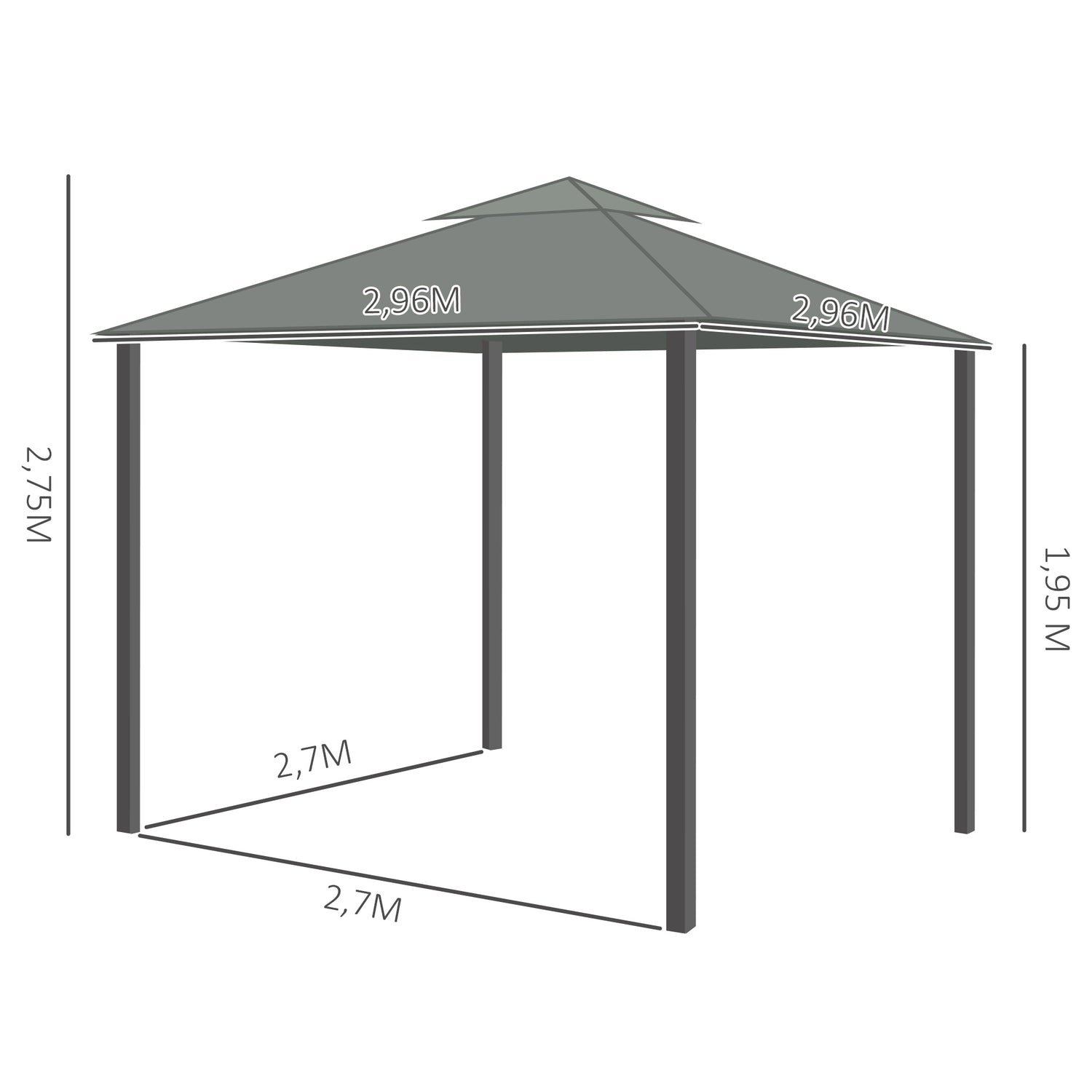 Trädgårdspaviljongtält, 2,96m, dubbeltak, myggnät