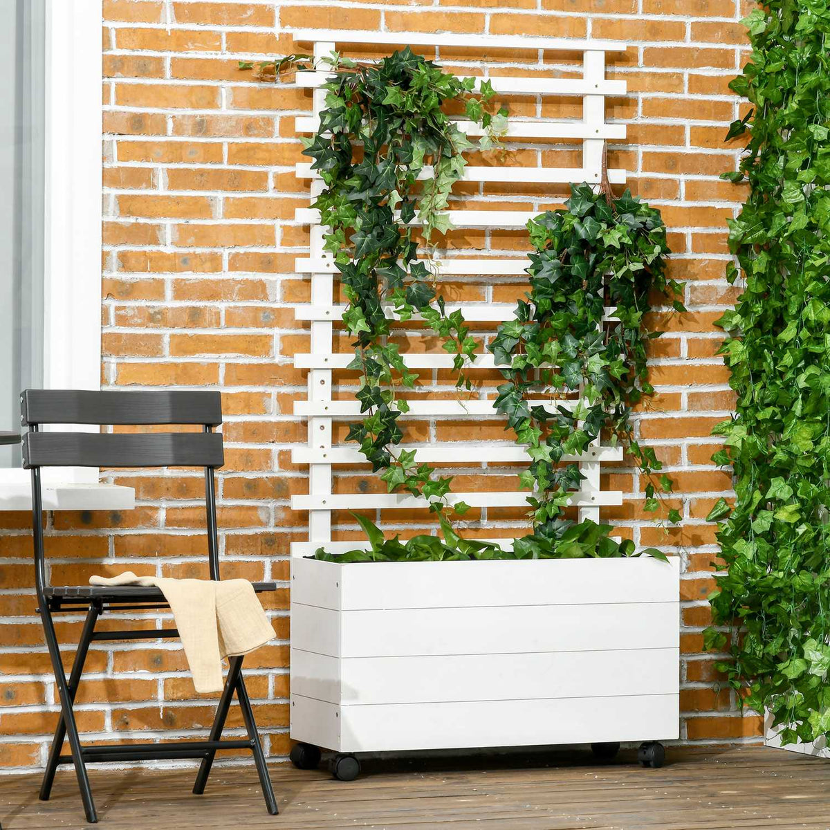 Jardinière avec treillis, roulettes, bois naturel