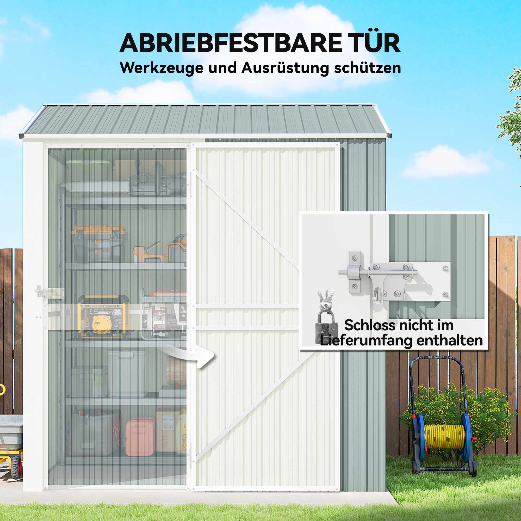 Trädgårdsskjul i metall, galvaniserat stål, ventilerat tak
