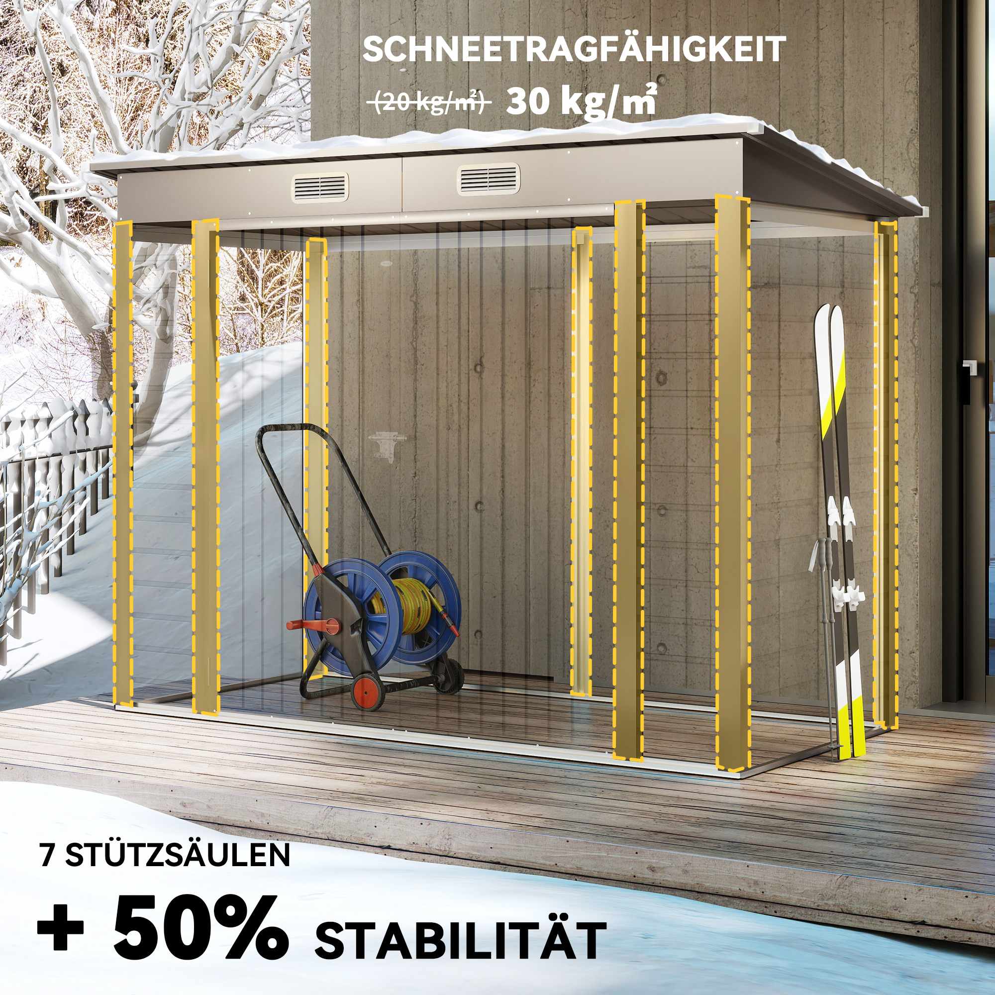 Trädgårdsskjul i metall med dubbeldörrar, 249 x 121 x 183 cm, ljusgrå