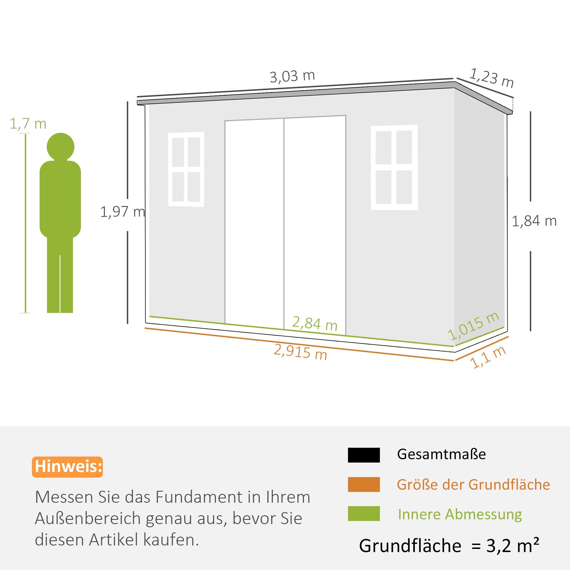 Trädgårdsskjul med fönster, låsbara dörrar, 3,2 m²