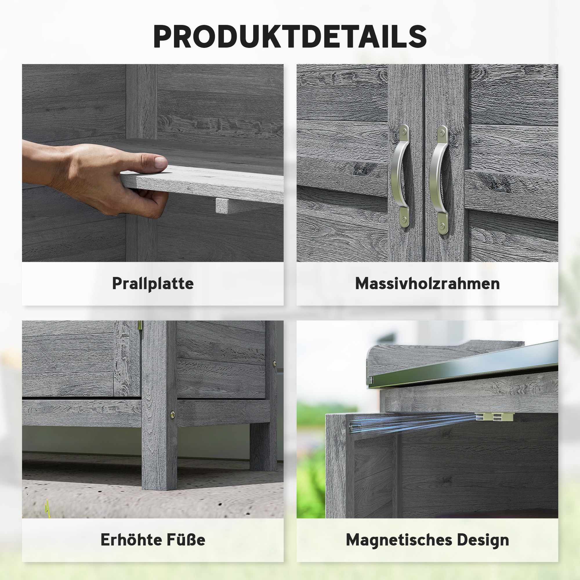 Trädgårdsskåp med metallbänkskiva, grått trä