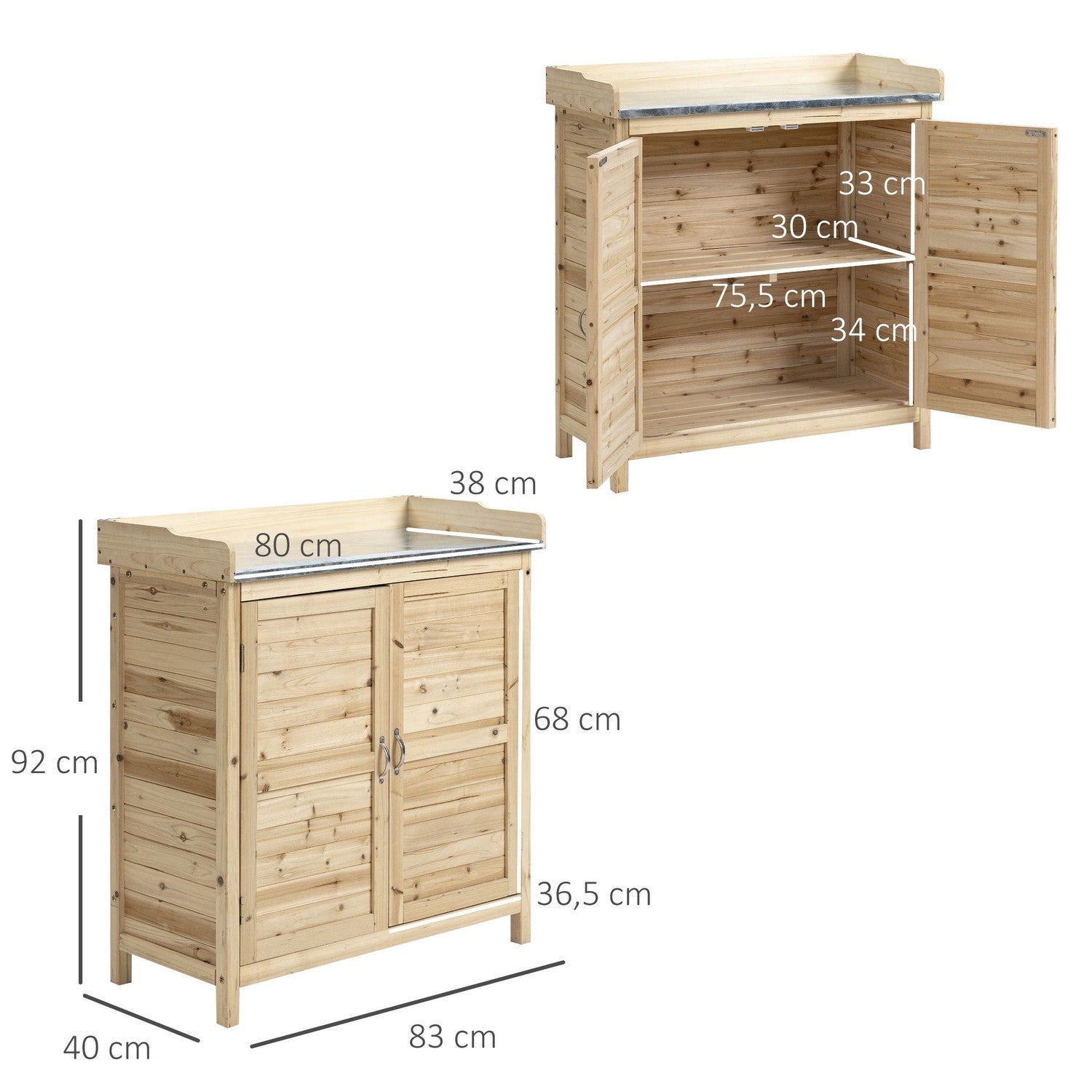 Trädgårdsskåp utomhus med bas & hyllor - 83x40x92 cm