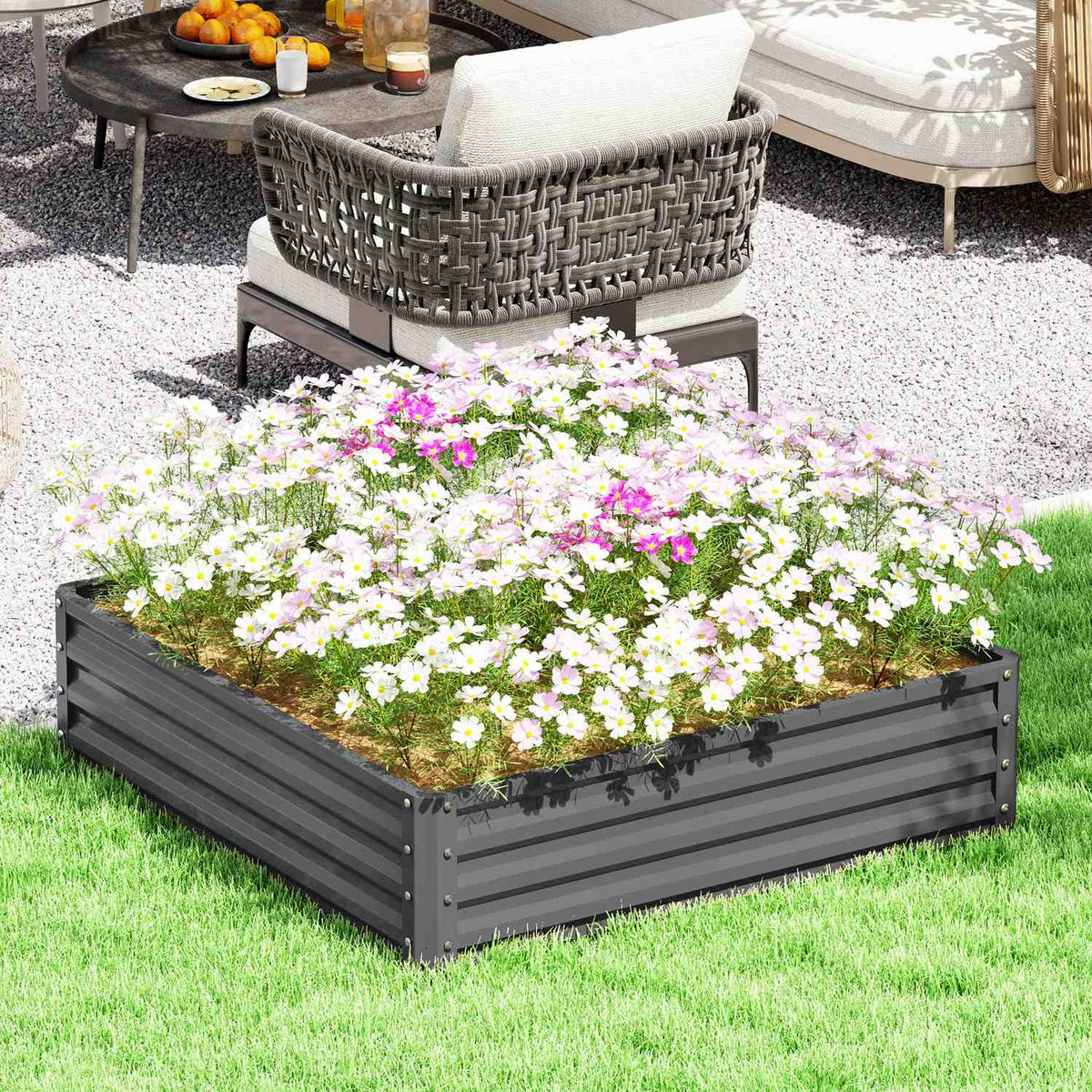 Trädgårdssäng, plantering med stålhölje, ljusgrå, 120 x 120 x 30 cm