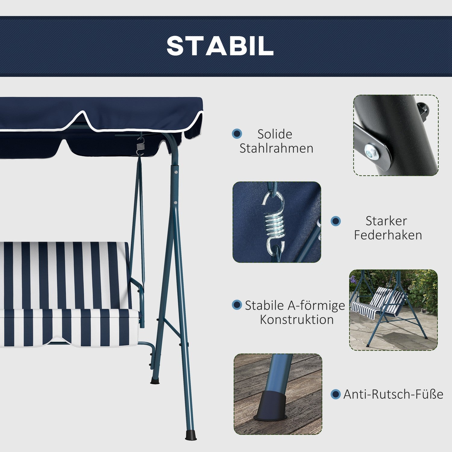 Trädgårdssvingbänk, 3-sits, justerbart tak, blå