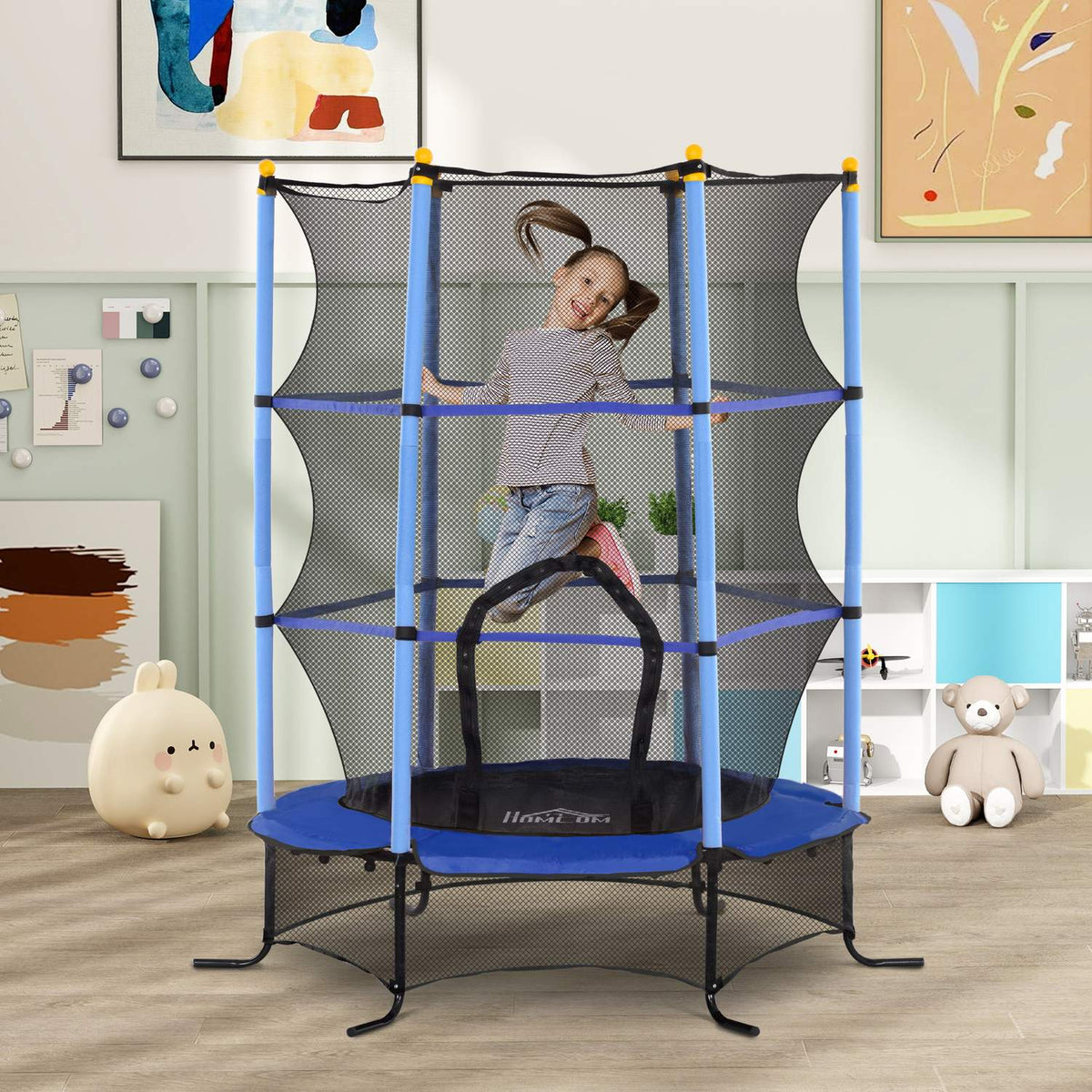 Trampoline de jardin pour enfant, Ø163 cm, filet de sécurité, bleu