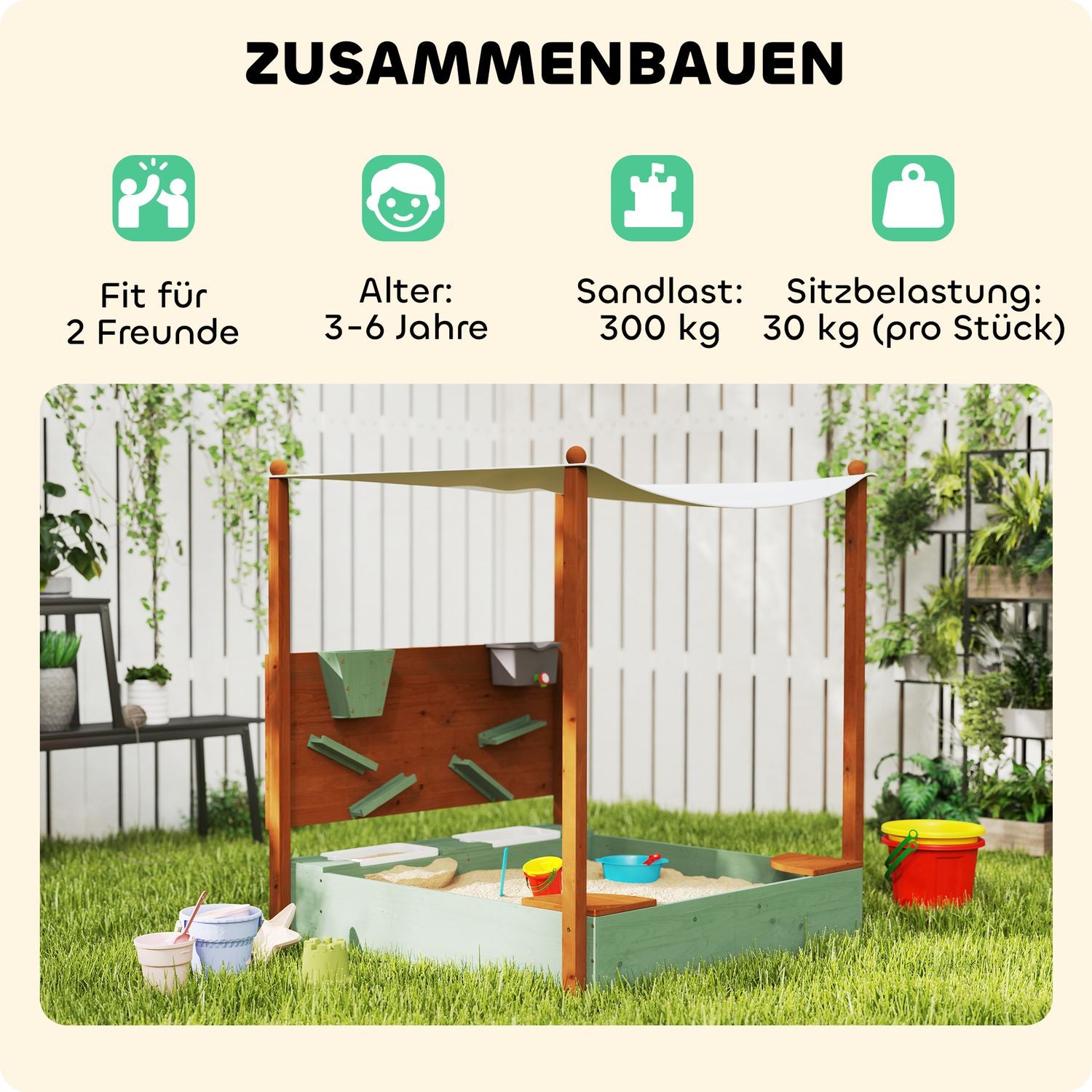 Träsandlåda med sits & leksaker, 116 x 112,5 cm, grön