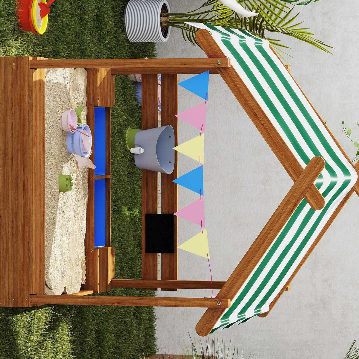 Bac à sable en bois avec assise et toit, 124x116x146 cm pour enfant