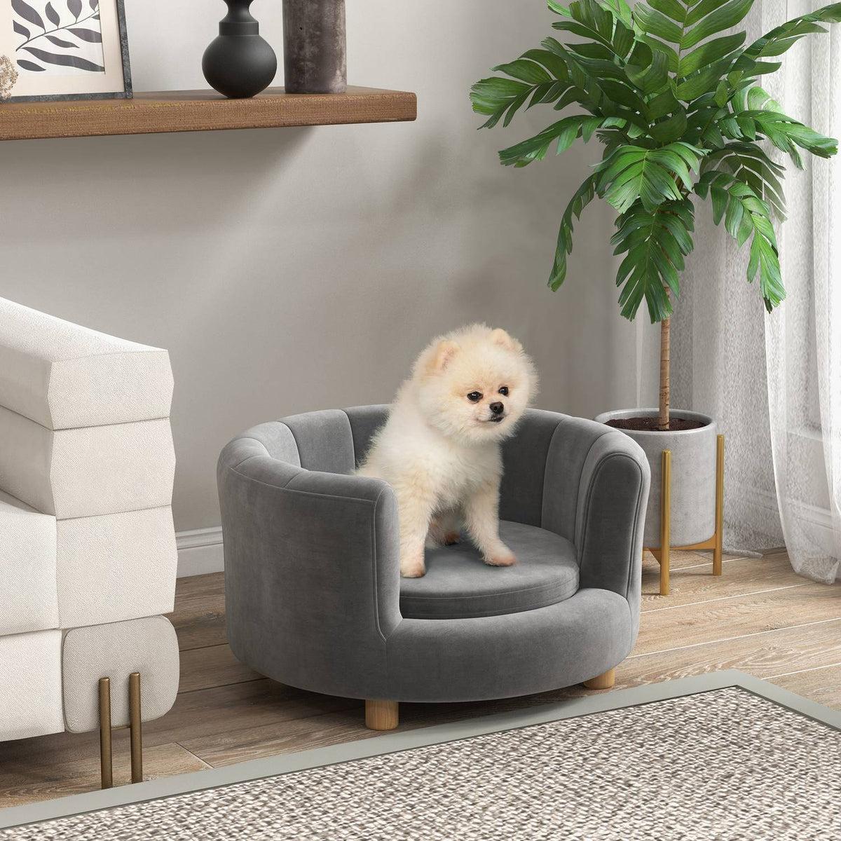 Canapé pour chien gris lavable avec dossier et pieds en bois