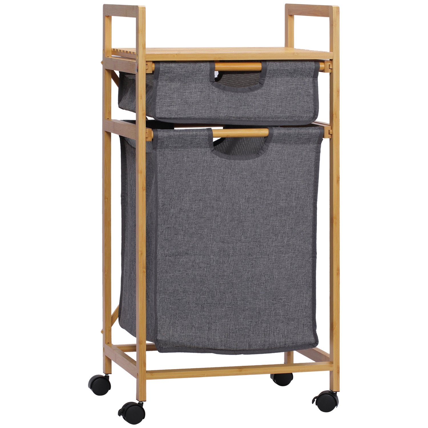 Tvättkorg i bambu med hjul, dubbla tygpåsar, 42X35X84,5 cm