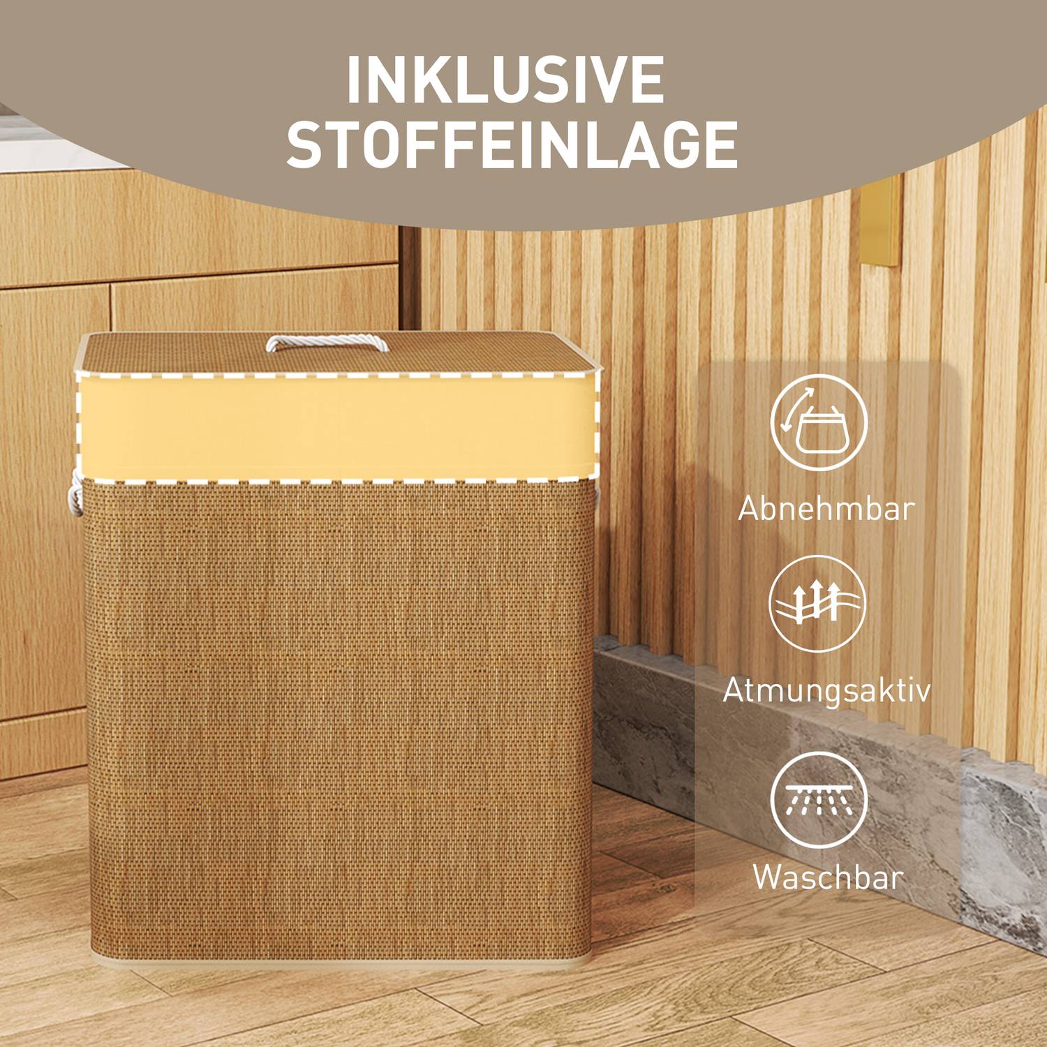 Tvättkorg i bambu med lock, 2 fack, 100 L tvättuppsamlare med rephandtag, avtagbar tvättpåse