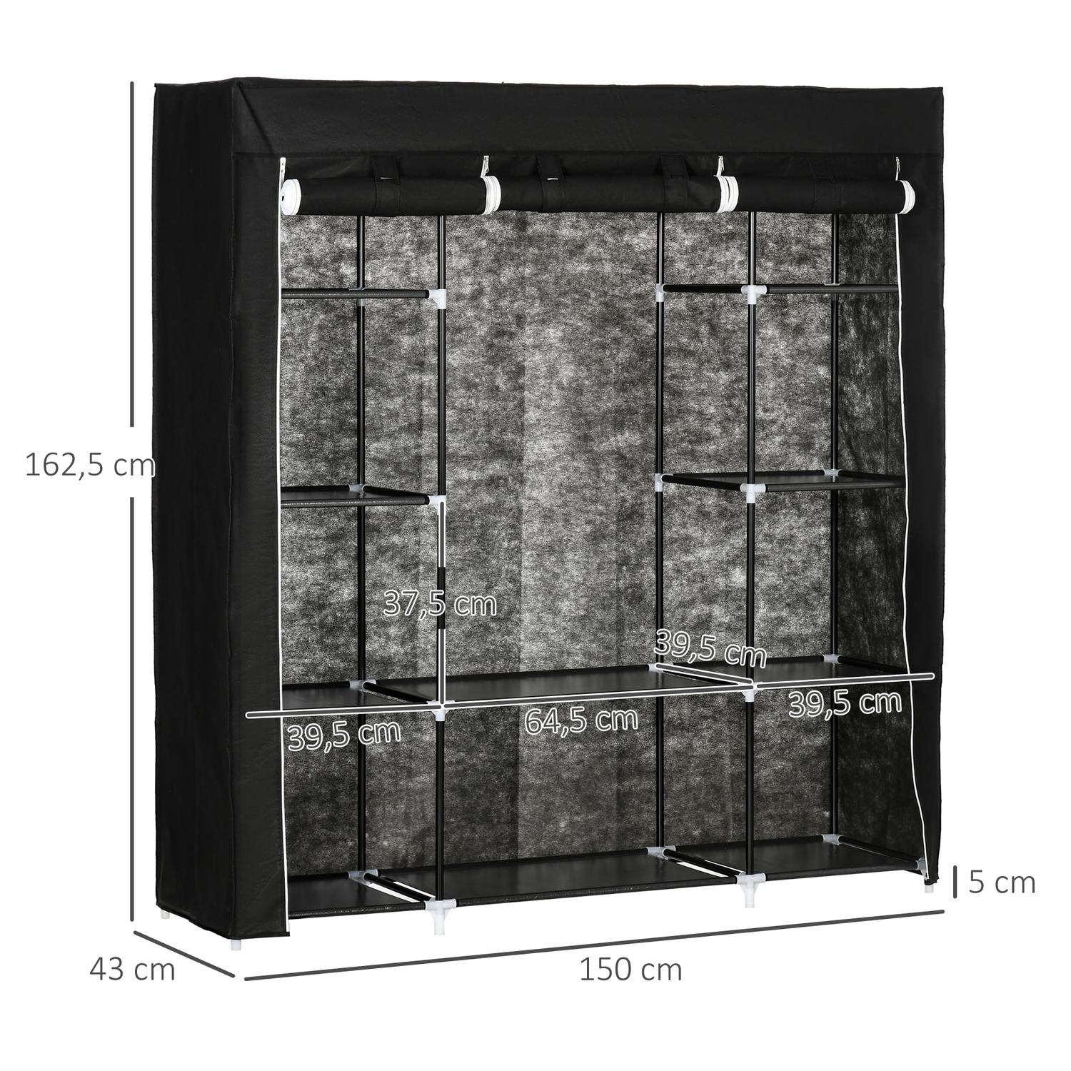 Tyggarderob – dragkedja, 1 skena, 10 hyllor, 150x43x162cm