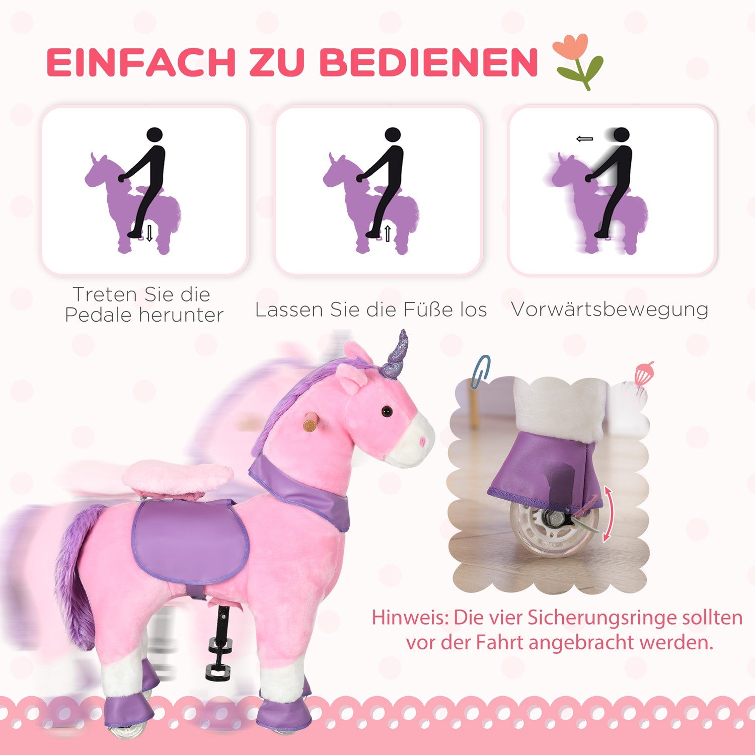 Unicorn gunghäst med vadderad sadel, 4 hjul, rosa