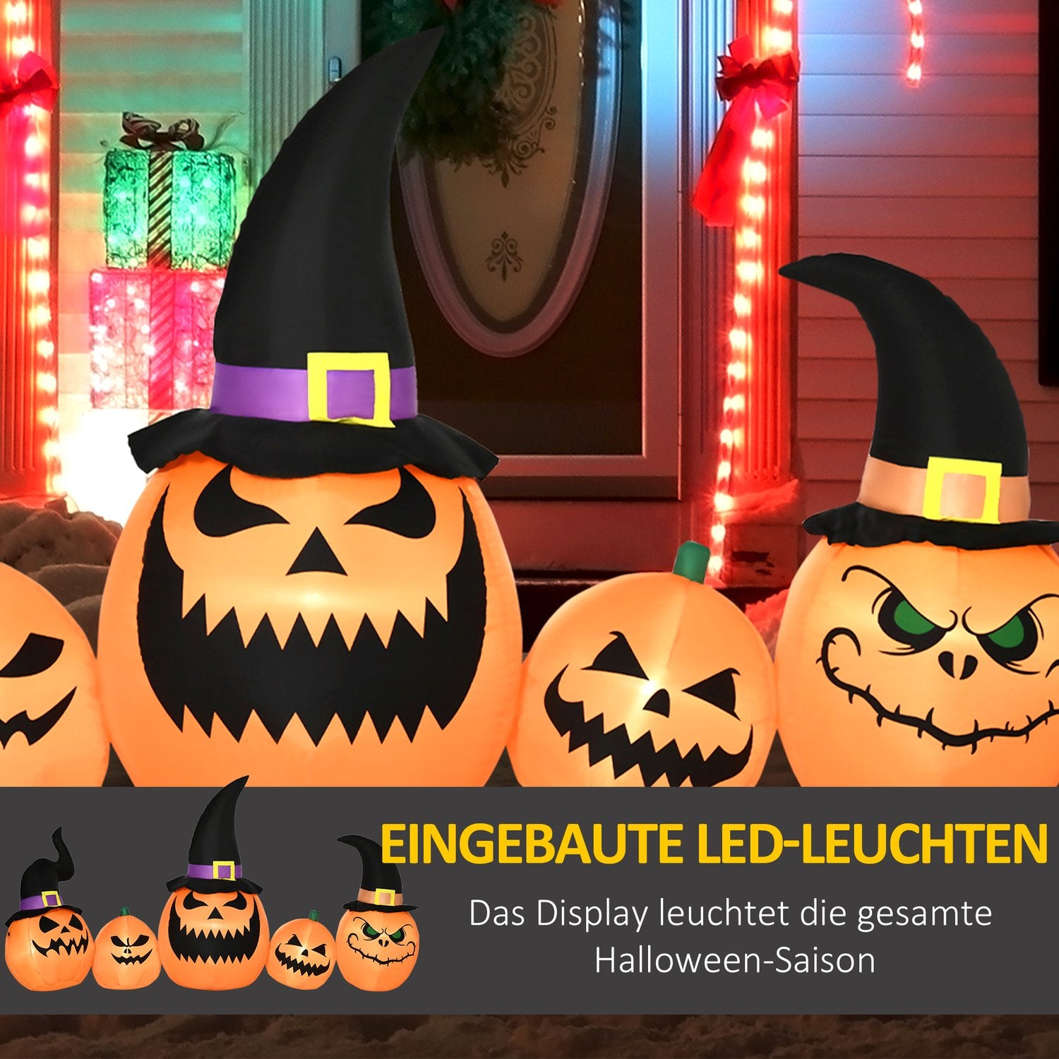 Uppblåsbar Halloween-pumpa med häxhatt och LED-lampor