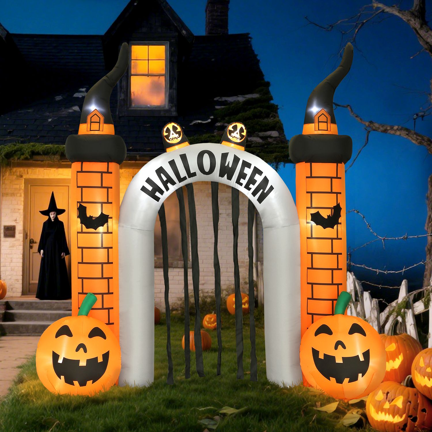 Uppblåsbar Halloween-valv, pumpadesign, lysdioder, pålar