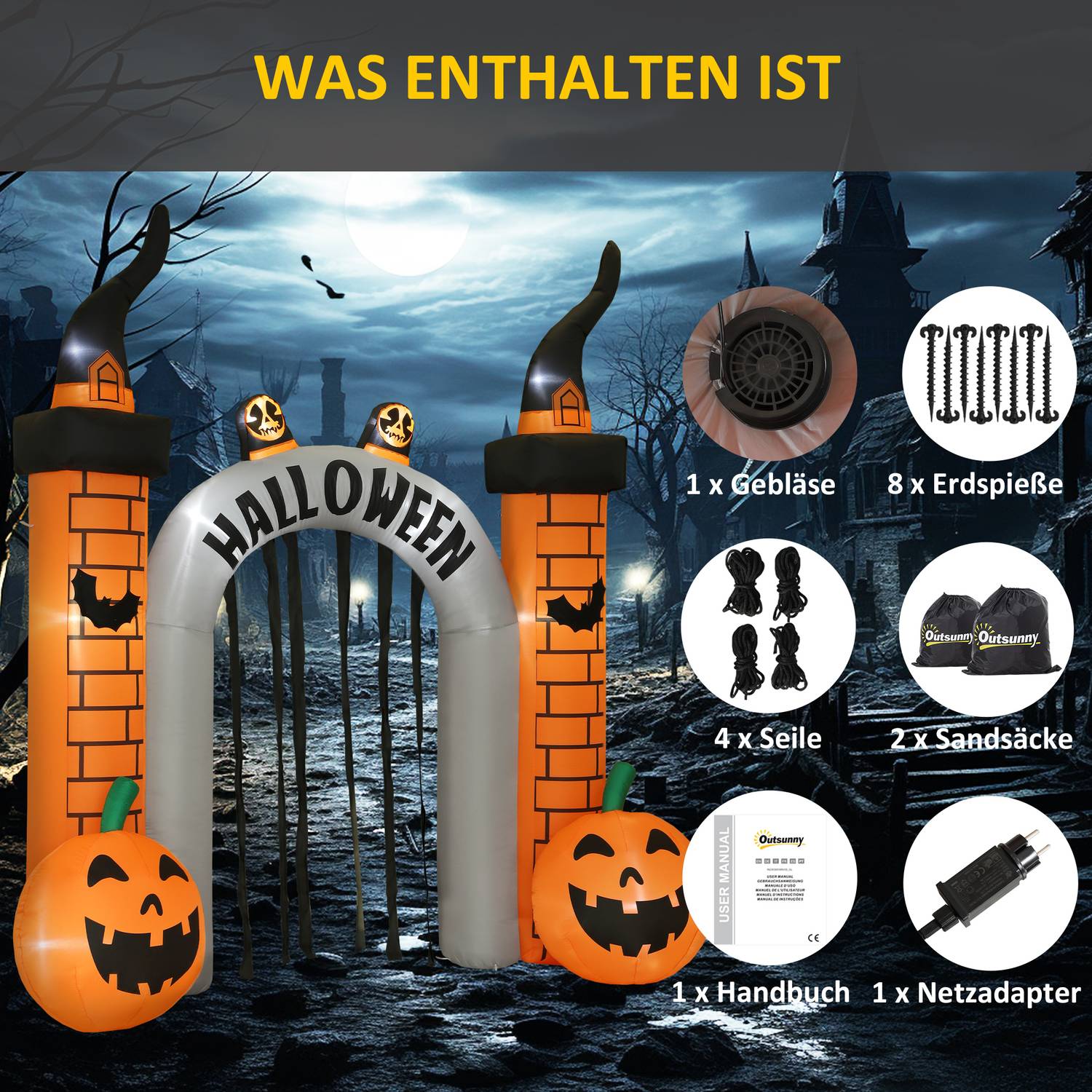 Uppblåsbar Halloween-valv, pumpadesign, lysdioder, pålar